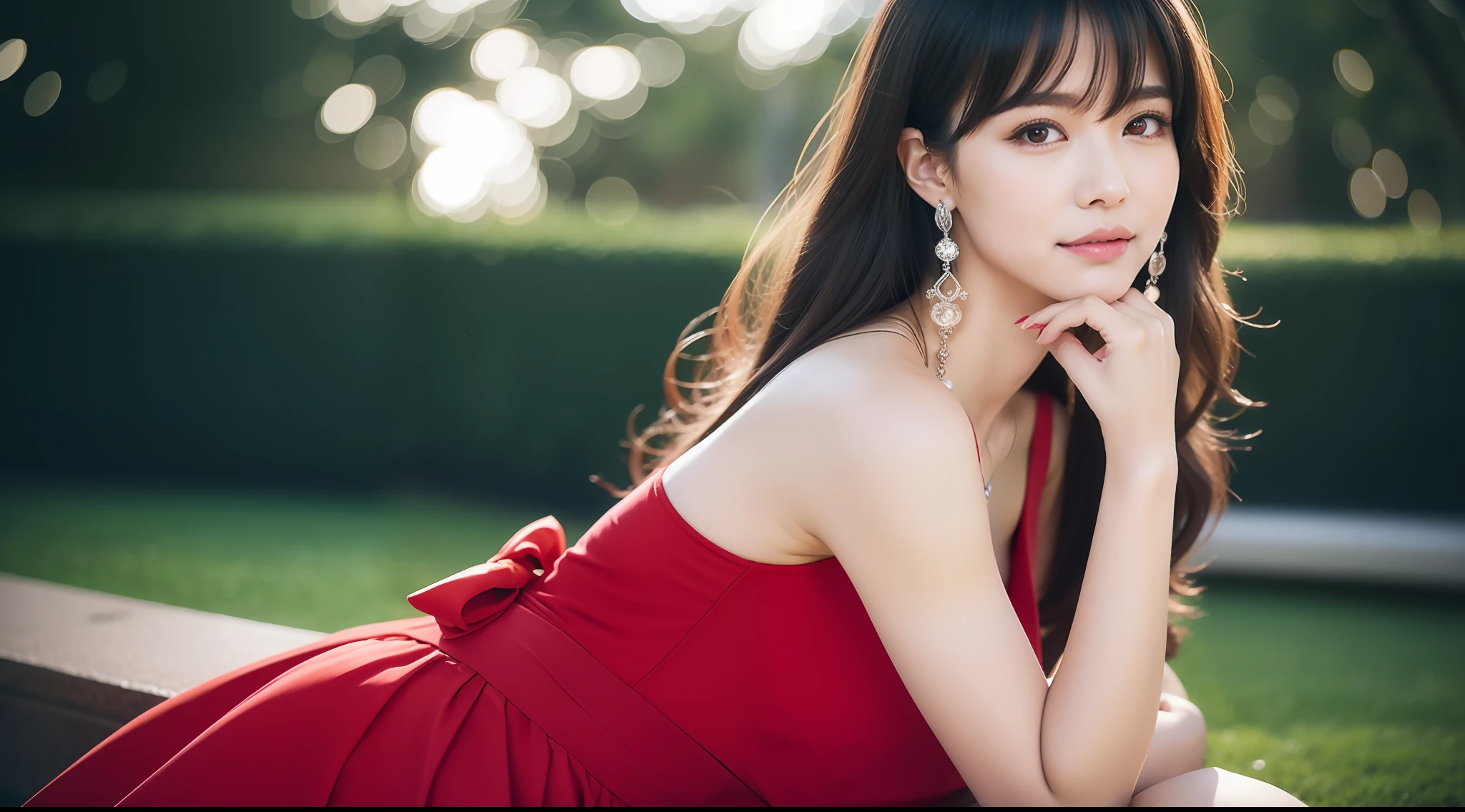 A girl crawls in a park at night，Clear sky in the background. Park benches and soft lighting, Rear photo, (Side photography), looking back at the viewer, (Masterpiece), ((Ultra-detailed)), (Highly detailed), (Expressionless), (Best quality: 1.2), 8K, hdr, A high resolution, absurderes: 1.2, Object perspective, Blurred background, Bokeh: 1.1, Lens flare, (vivd colour: 1.2), High quality texture, Detailed texture, High-quality lighting and shadows, a face with perfect proportion, full bodyesbian, Mature and excited body, Detailed skin texture, vibrant, pale and radiant skin, natural saggy breasts, gigantic bosom: 1.5, High waist, Narrow waist: 1.3, Wide hips, Full buttocks, Detailed beautiful face, (PureErosFace_V1:1.3)(Ulzzang-6500:0.4) Detailed beautiful eyes, Symmetrical eyes, Perfect eyes, Seductive eyes, Beautiful nose, High nose, Clear blush, Detailed lips, Earrings, hoop earings, necklace, jewelry, Sapphire heart necklace, Silver-toned high-heeled sandals, Seductive expression, Smile, Perfect hands, Delicate and beautiful fingers, Detailed beautiful legs, photo-realistic hair, detailed hairs, (Silver dress, Red dress, Blue dress), Chisato Nishiki, Long hair, Blonde hair, (Red eyes: 1.5), Hair ribbon, Bob cut, Red hair ribbon,)，Huge breasts，Japan goddess，Blush，