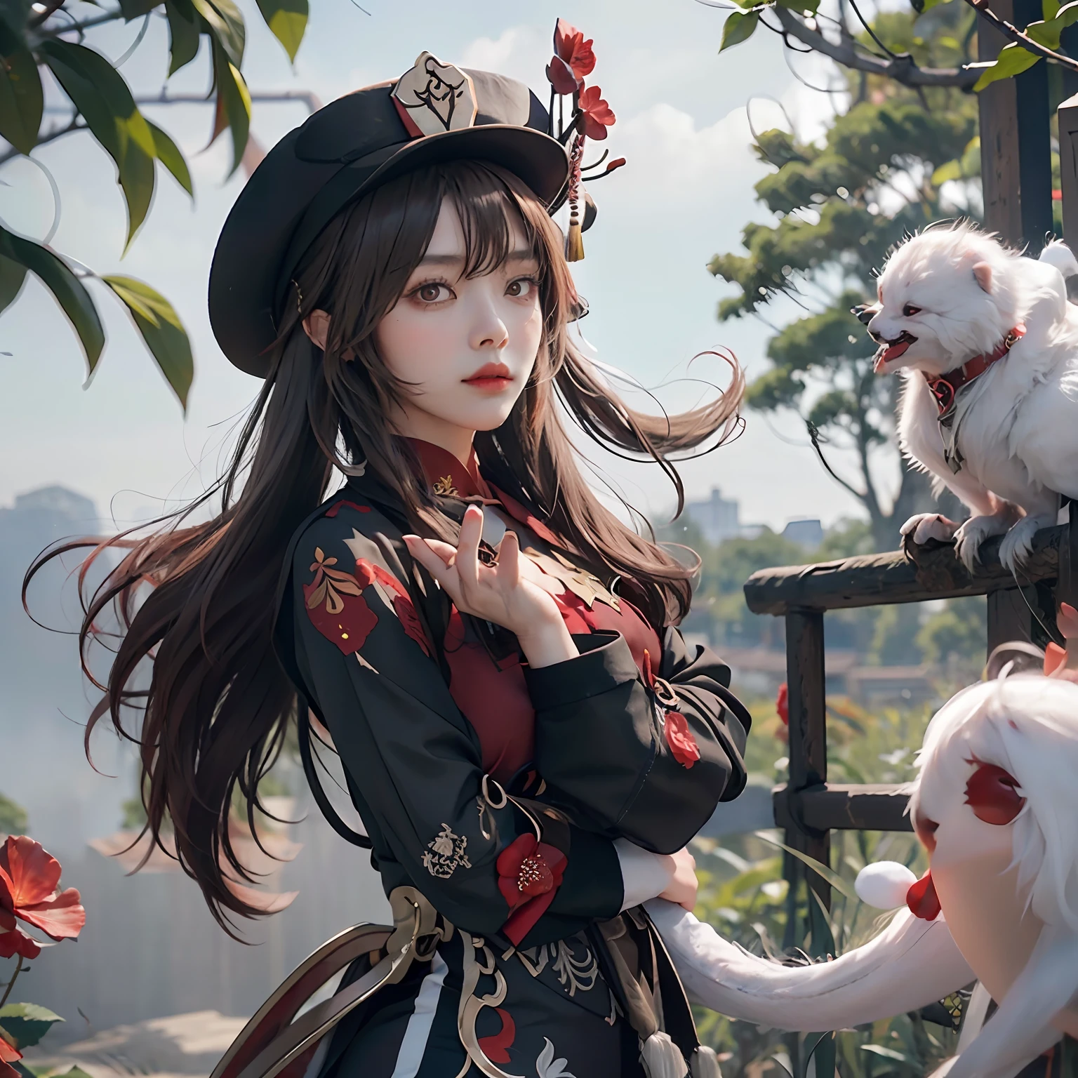 flower, red_flower, solo, hat, long_hair,hu hu tao \(genshin impact\),mature female, looking_at_viewer, upper_body, chinese_clothes, 1girl, hat_flower, brown_hair, closed_mouth, hibiscus, red_rose, spider_lily, bangs,kbxll