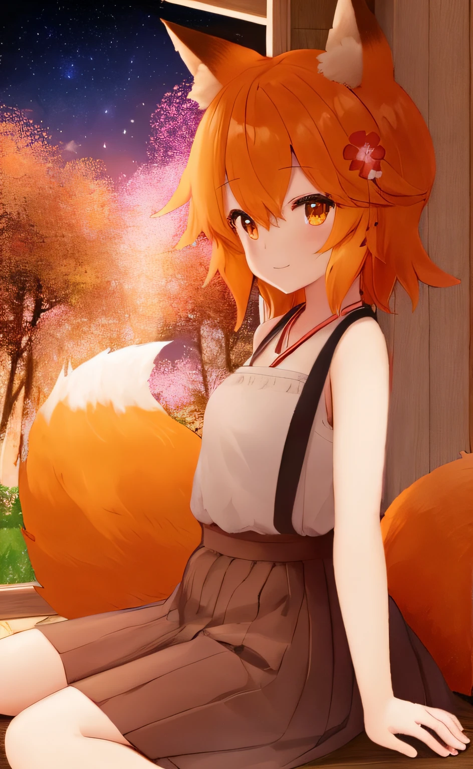 その, 動物の耳, キツネの耳, キツネの少女, Fox しっぽ, 髪の毛の花, 髪飾り, オレンジ色の目, オレンジ色の髪, ショートヘア, しっぽ, 平らな胸,夜,星空,優しい笑顔,花火,木