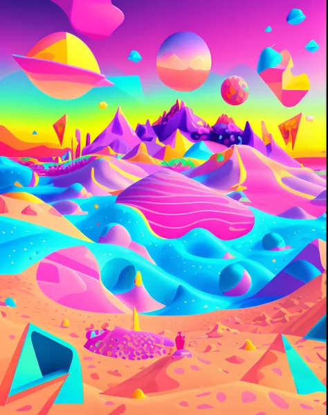 a close up of a colorful desert with a lot of shapes, psychedelic landscape, surreal psychedelic design, surreal design, colorfu...