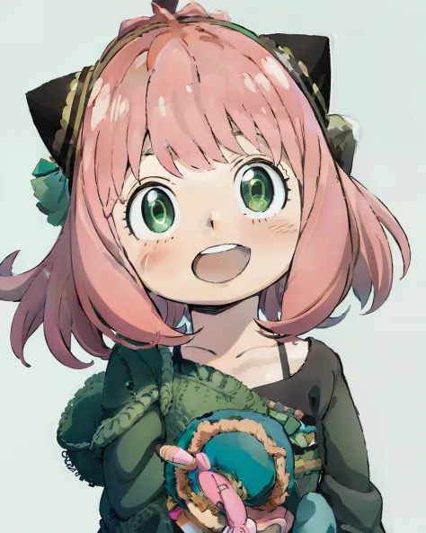 a anime girl with pink hair and green eyes pointing at something with a surprised look on her face and a black cat hat, (1girl:0...