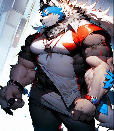 coyote，Furry，Blue pattern，Black hair，musculature，Muscle men，nakeness，Strong，ultraclear，Has a large ，Collar，Black  shorts，Black s...