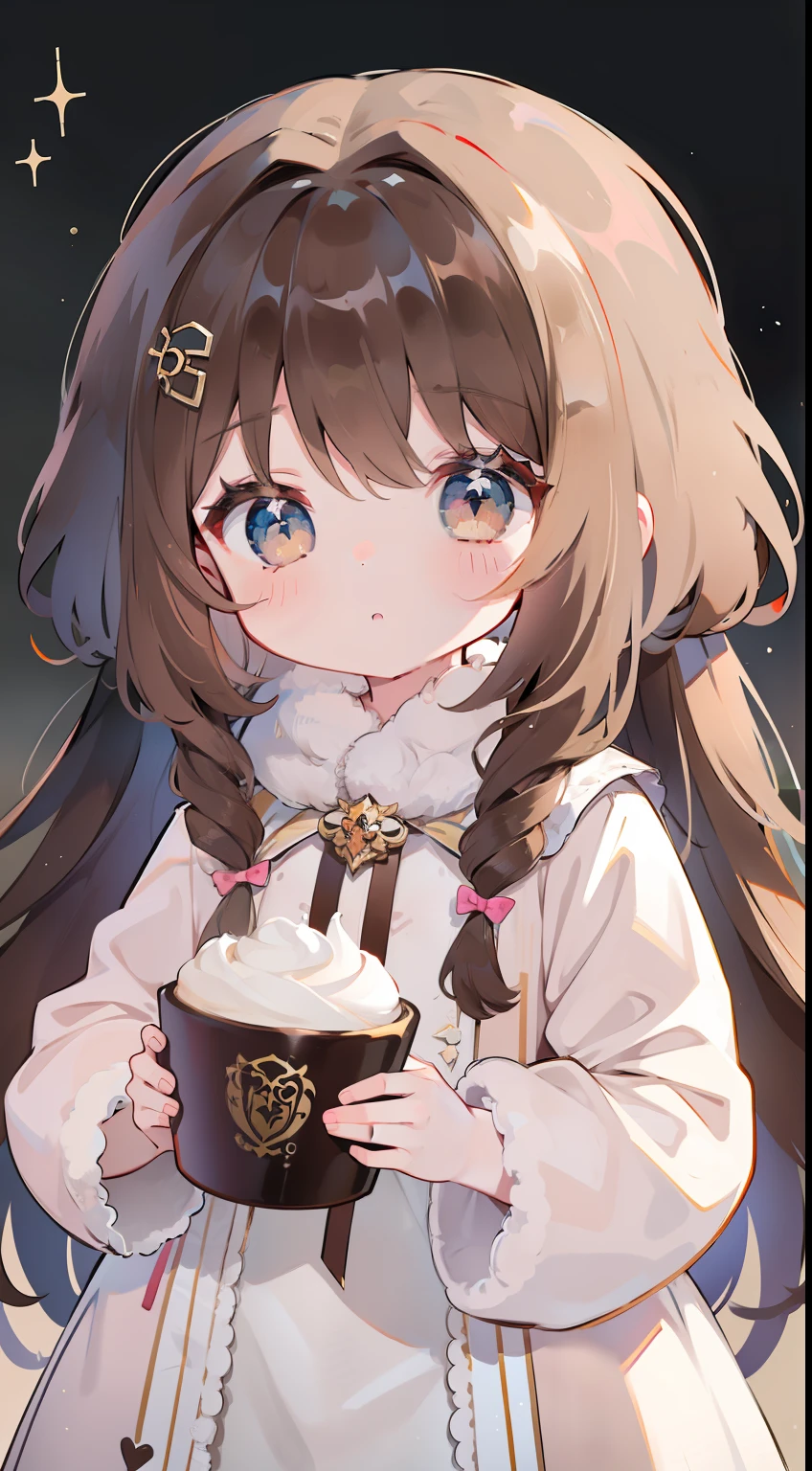 One girl、Long、Mocha Brown Hair、cute little、fluffy hair、fluffy hair、light brown hair、Background of sweets、Calm、