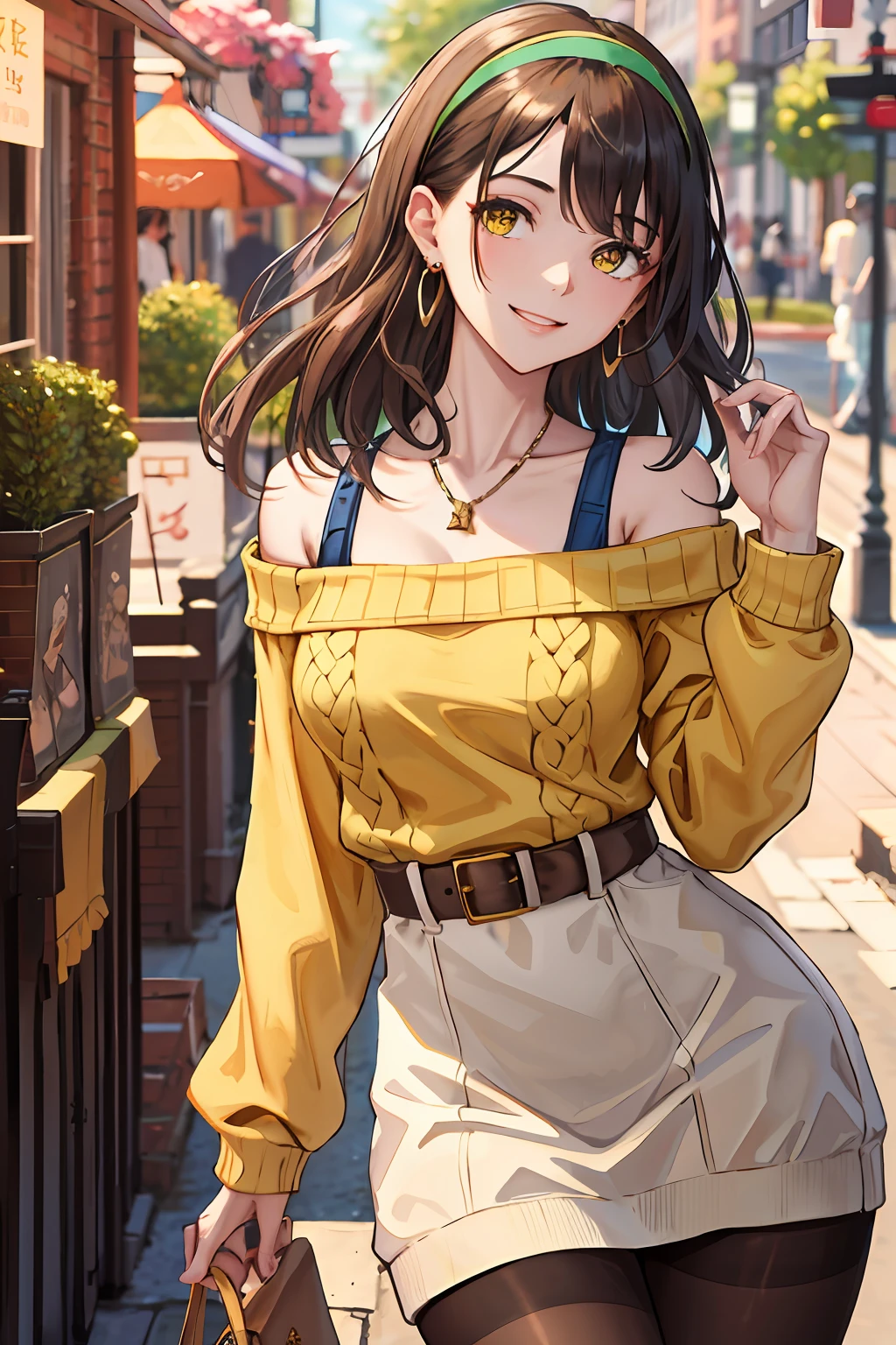 (highres, best quality:1.2), radiance, soft contours, beautiful drawing, masterpiece, best quality, highres, medium hair with long locks, dark blue hairband, yellow eyes, bronze earrings, jewelry, off shoulder, green sweater, sweater dress, long sleeves, white pantyhose, outdoors, standing cowboy shot, smile,