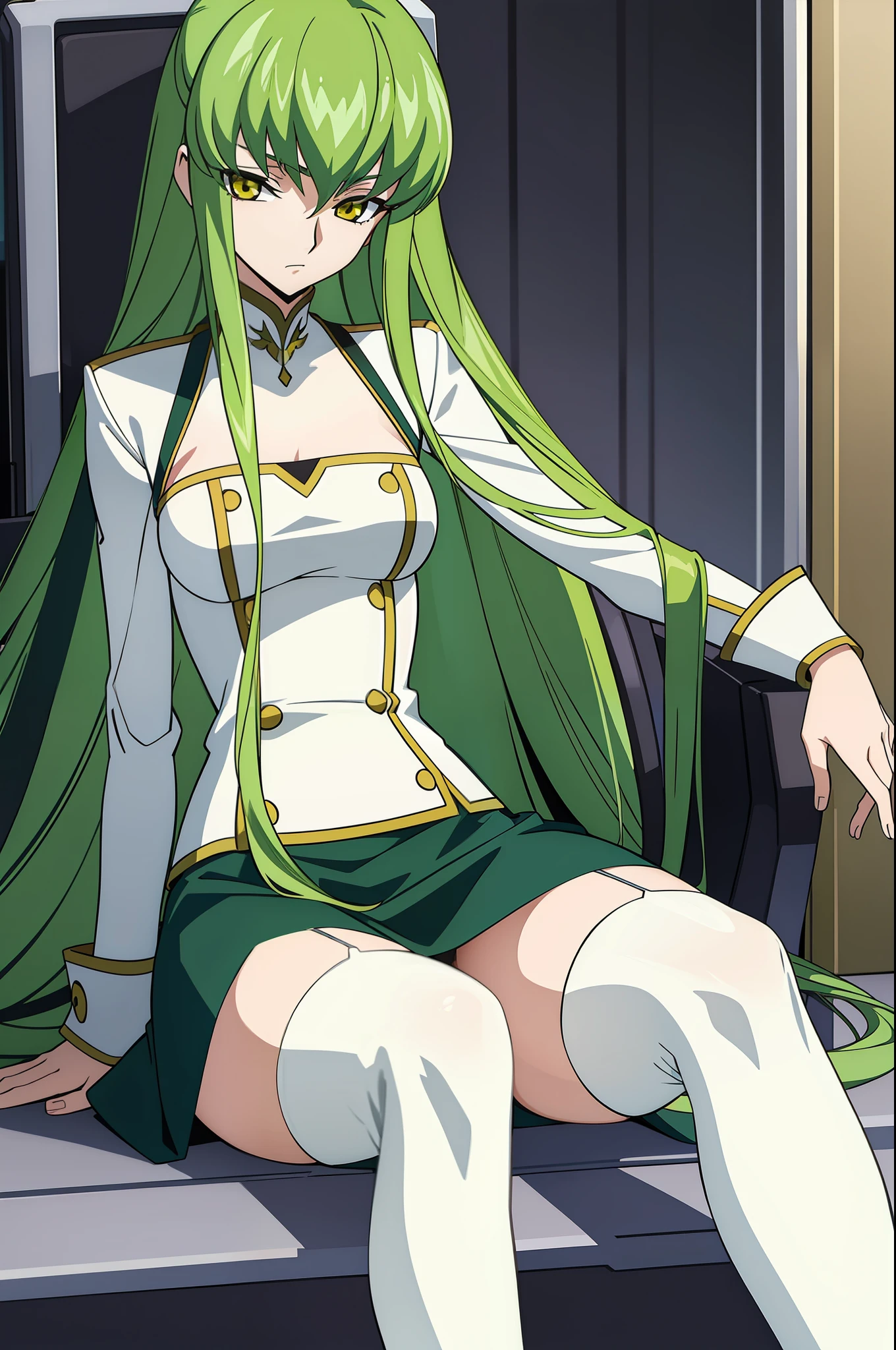 codeGeass c.c., 1girl, green hair, mini skirt, long hair, medium breasts, upper body, looking at viewer, solo, thigh, white thighhighs, yellow eyes, sitting, good anatomy, good artist, masterpiece