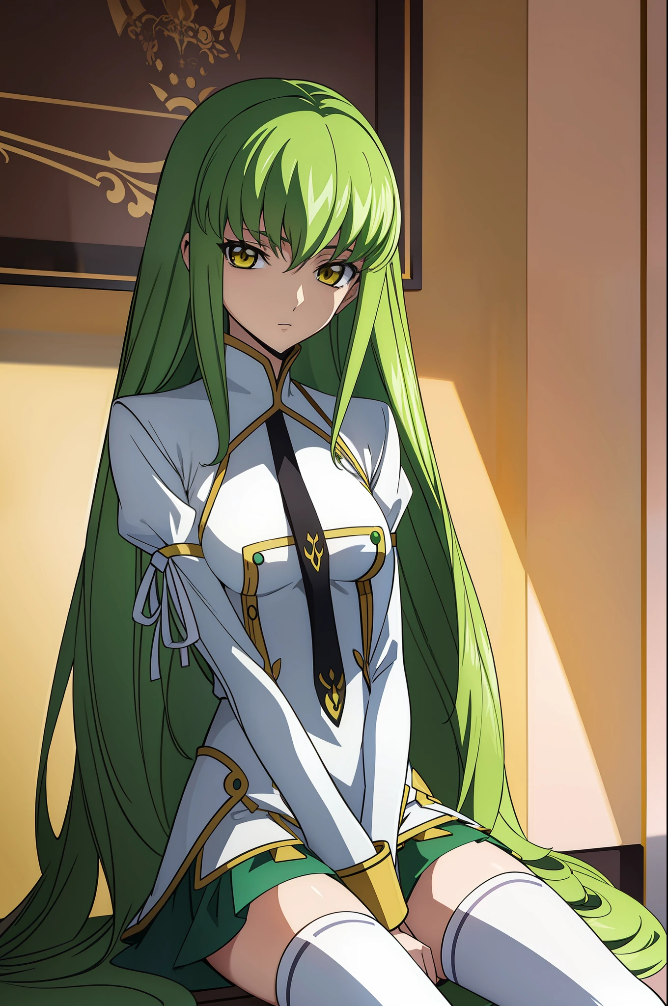 codeGeass c.c., 1girl, green hair, mini skirt, long hair, medium breasts, upper body, looking at viewer, solo, thigh, white thighhighs, yellow eyes, sitting, good anatomy, good artist, masterpiece