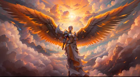 (papel de parede 8k extremamente detalhado), uma pintura realista de um anjo, with detailed wings amid the clouds of the burning...