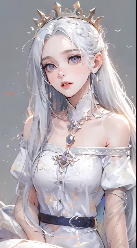 Best quality, highly detailed, masterpiece, ultra detailed, (reality: 1.2), 1 girl, (white background), simple background, delicate eyes, silver hair, purple eyes, hair_ornament, (white off-the-shoulder shirt: 1.3), long hair, pointy_ears, crown_braid, exp...