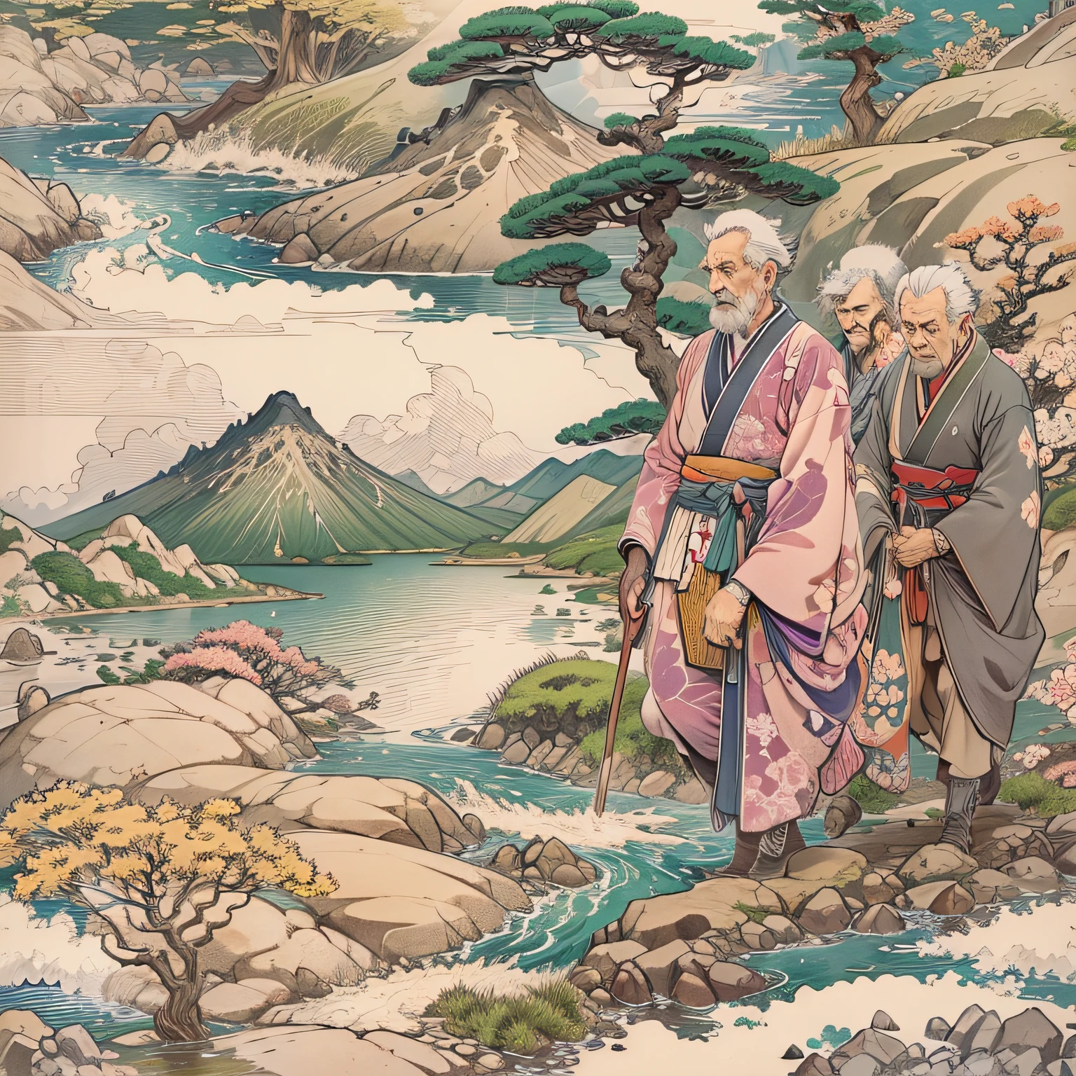 Es una pintura de cuerpo entero con colores naturales con dibujos lineales al estilo Katsushika Hokusai..　mes, roca, flor, montecillo de hierba, Río, árbol, montaña en la distancia, (Tres viejos), (Granjero ambulante), punto de fuga, 35mm, nffsw, Mesa, preciso, alto detalle, premiado, mejor calidad, 4k
