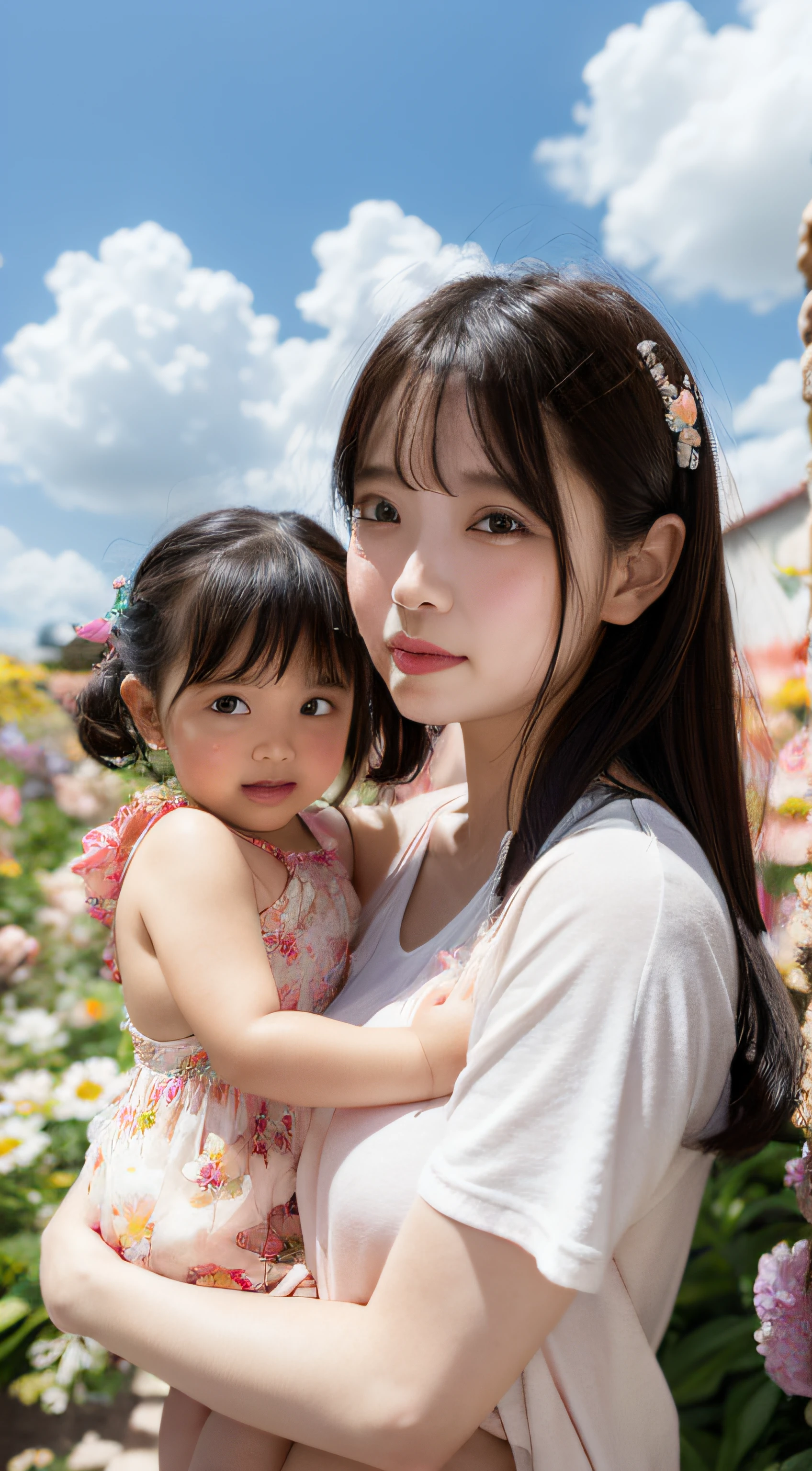 mère, mère holding her daughter, Image haute définition, entouré de fleurs, ciel de fond, des nuages, festivité, ensoleillé, éclairage de studio, illustrations plates, Qualité d&#39;image ultra-élevée, 8k, Style d&#39;anime japonais