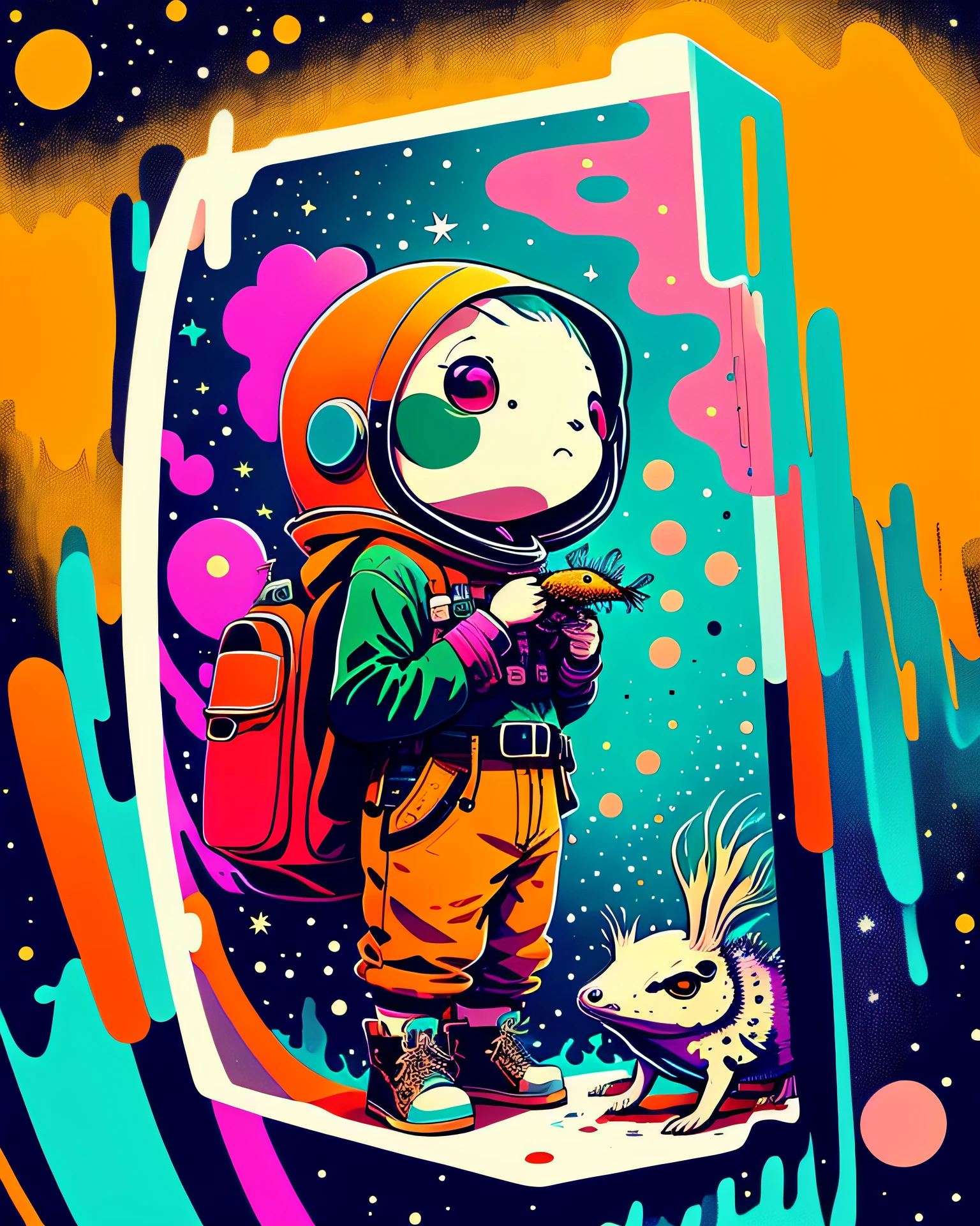 photo of  a explorer with an axolotl as a pet inside the space with a psychedelic backgroun, style of laurie greasley, studio ghibli, akira toriyama, james gilleard, genshin impact, trending pixiv fanbox, acrylic palette knife, 4k, vibrant colors, devinart, trending on artstation, low details