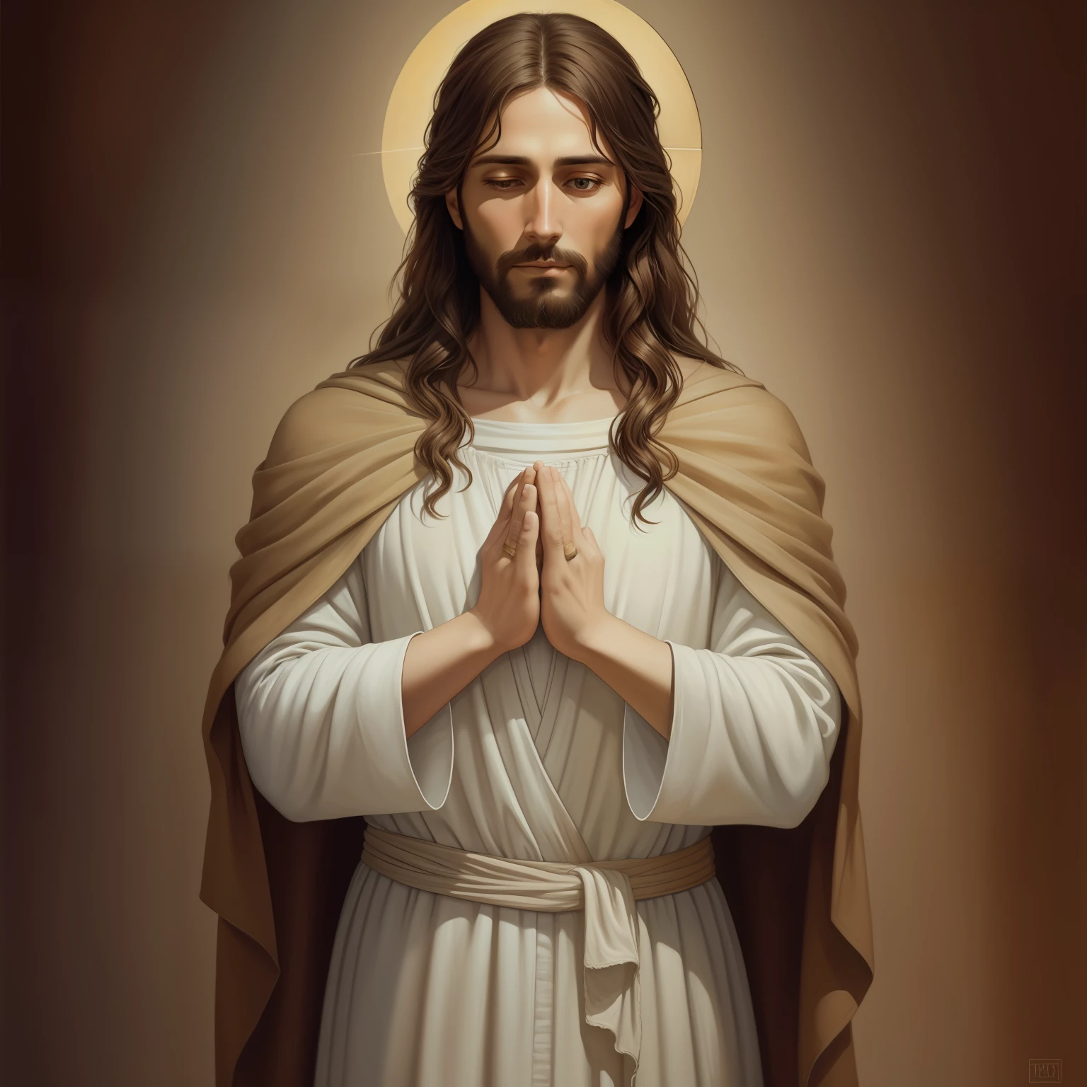 (ภาพถ่ายภาพยนตร์ของพระเยซู) A beautiful ultra-thin เหมือนจริง portrait of Jesus, ผู้เผยพระวจนะ, ผู้ชายอายุ 33 ปี ภาษาฮีบรูสีน้ำตาล, ผมสั้นสีน้ำตาล, หนวดเครายาวสีน้ำตาล, สวมเสื้อลินินตัวยาวปิดบริเวณหน้าอก, ในมุมมองด้านหน้า, เต็มตัว, ตามพระคัมภีร์, เหมือนจริง,โดย ดิเอโก้ เบลัซเกซ,ปีเตอร์ พอล รูเบนส์,แรมแบรนดท์,อเล็กซ์ รอสส์,8k, แนวคิดศิลปะ, Photoเหมือนจริง, เหมือนจริง,  ภาพประกอบ, ภาพวาดสีน้ำมัน, สถิตยศาสตร์, Hyperเหมือนจริง, อธิษฐาน , ศิลปะดิจิทัล, สไตล์, สีน้ำ, พื้นหลังตามธรรมชาติ, อธิษฐาน ( ผู้หญิงอวยพร)