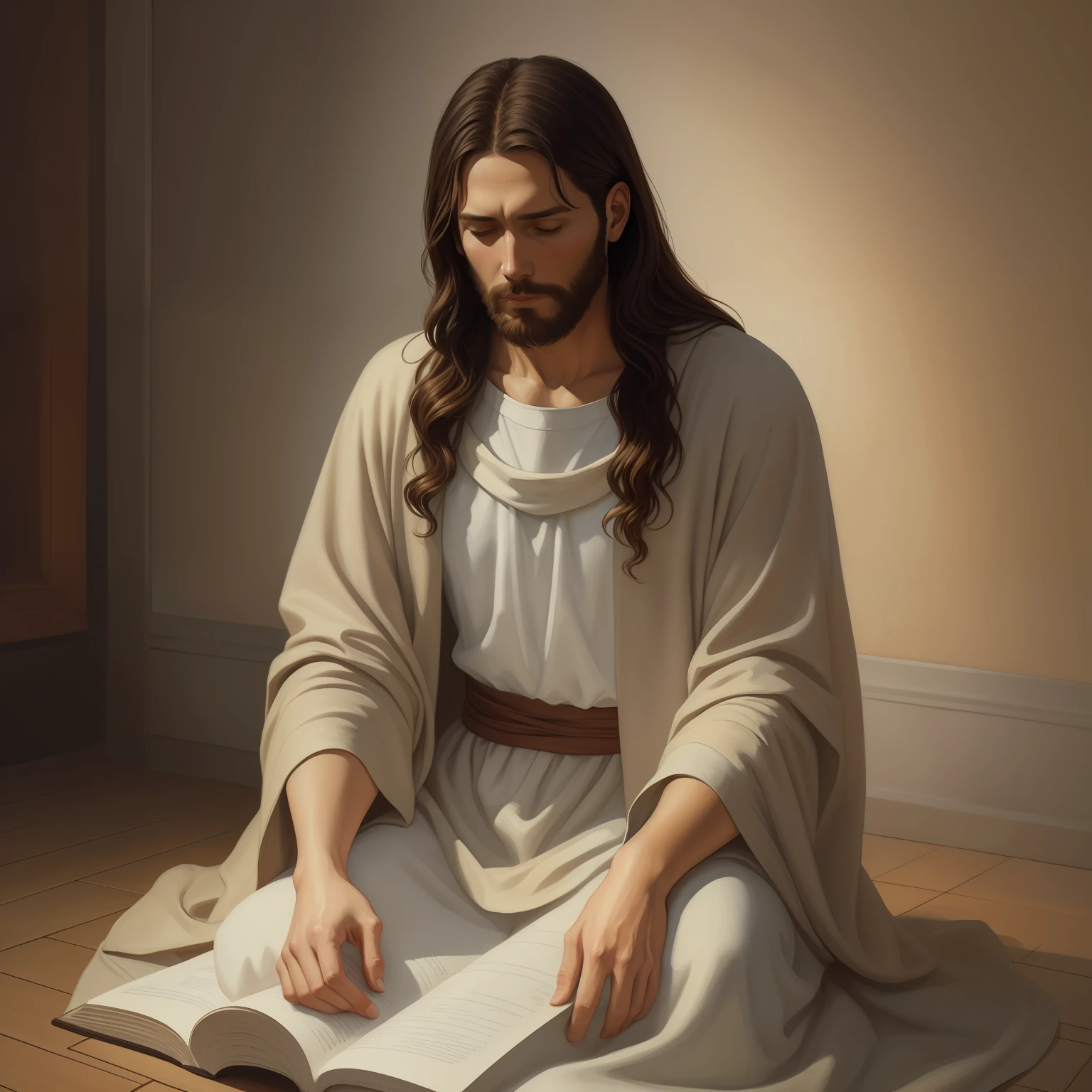 (耶稣电影照片) A beautiful ultra-thin 實際的 portrait of Jesus, 先知, 一名男子 33 歲 希伯來文 黑髮, 棕色短发, 長長的棕色鬍子, 穿著胸部封閉的長亞麻外衣, 在前視圖中, 全身, 聖經的, 實際的,迭戈·委拉斯開茲,彼得·保羅·魯本斯,林布蘭,亞歷克斯·羅斯,8K, 概念藝術, Photo實際的, 實際的,  插圖, 油畫, 超現實主義, Hyper實際的, 祈禱 , 數位藝術, 風格, 水彩, 自然背景, 祈禱 ( 祝福女人)