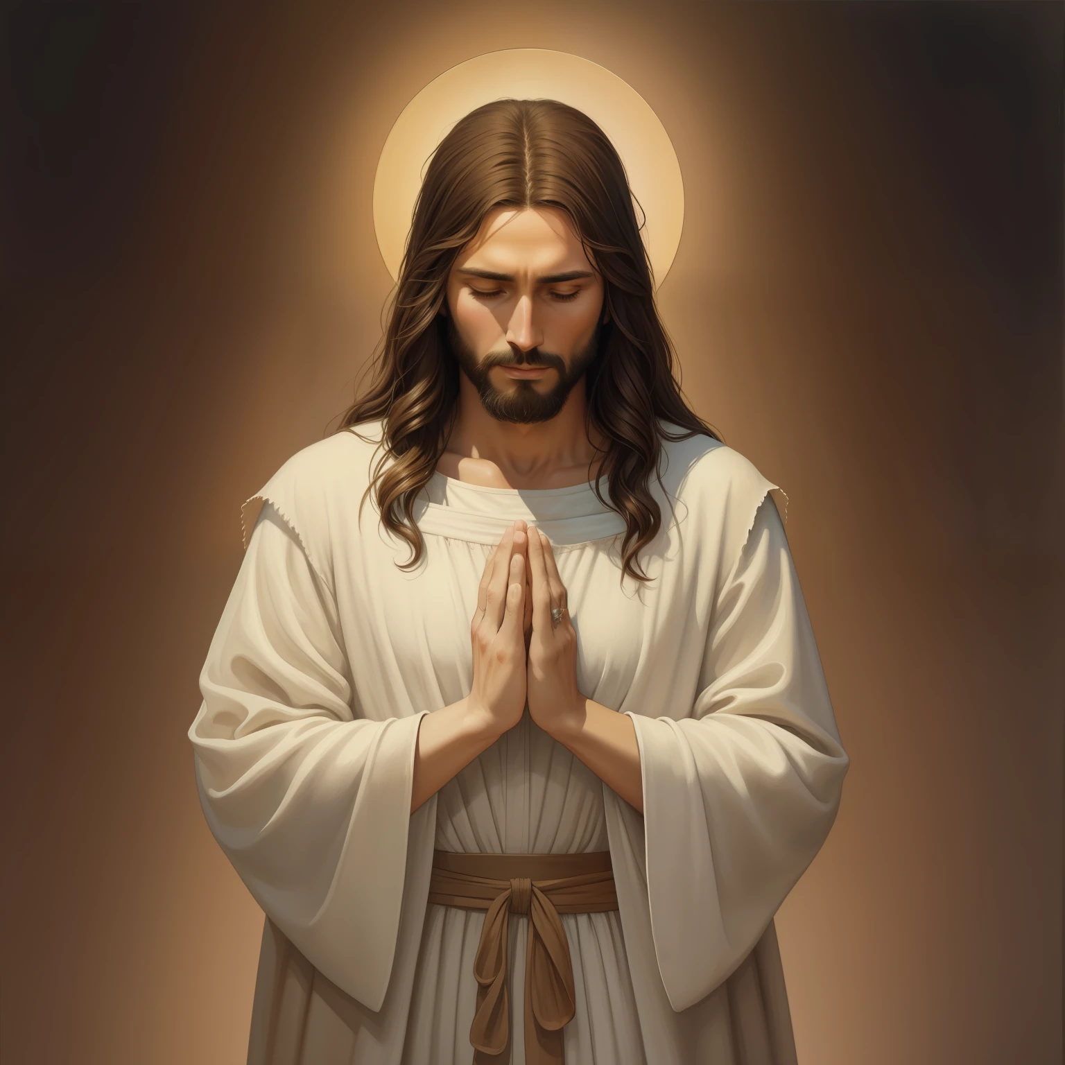 (耶稣电影照片) A beautiful ultra-thin 实际的 portrait of Jesus, 先知, 一名男子 33 岁 希伯来语 布鲁内特, 棕色短发, 长长的棕色胡子, 穿着胸部闭合的长亚麻束腰外衣, 正面视图, 全身, 圣经的, 实际的,作者：迭戈·委拉斯开兹,彼得·保罗·鲁本斯,伦勃朗,亚历克斯·罗斯,8千, 概念艺术, Photo实际的, 实际的,  插图, 油画, 超现实主义, Hyper实际的, 祈祷 , 数字艺术, 风格, 水彩, 自然背景, 祈祷 ( 祝福女人)