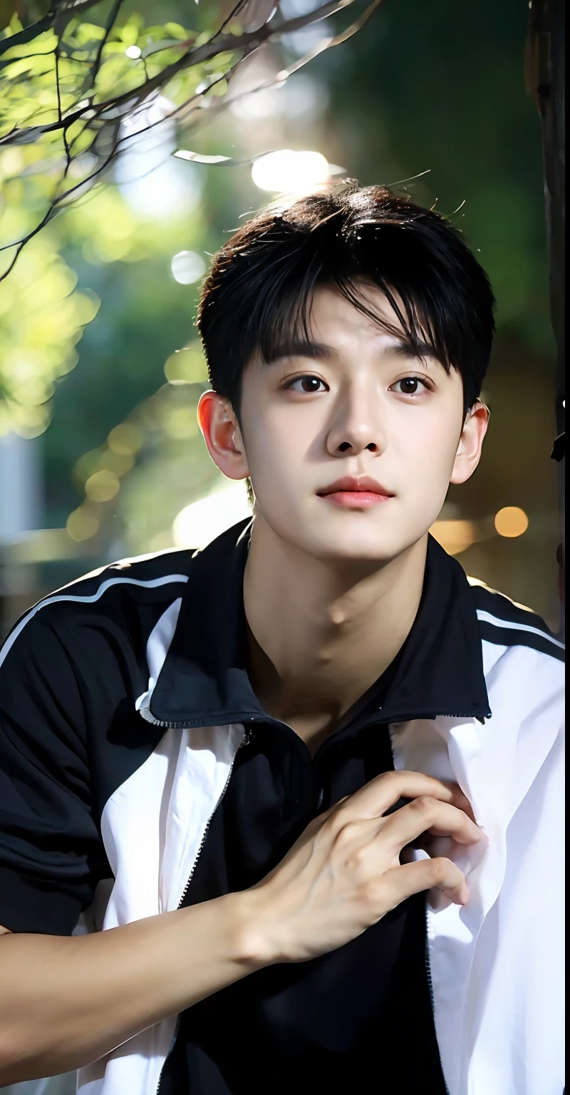 （Handsome Chinese guy：1.5）Boy student，Wear short black sleeves，On the side of the dark road，Light rays hit the body，eye looking to camera，The eyes are affectionate，Close-up of the face Movie highlights, live-action movie scenes