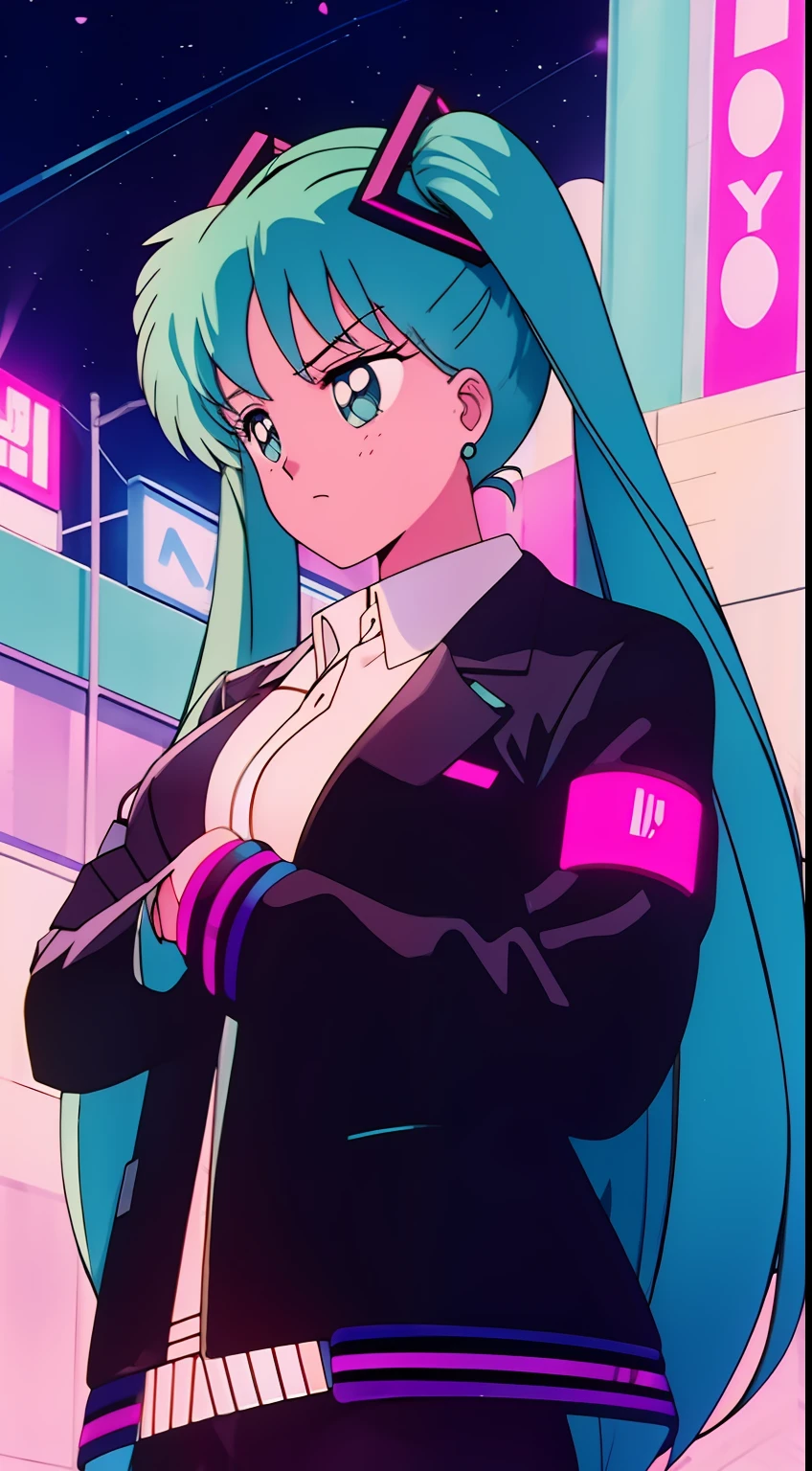 Wear a jacket，Big breasts Hatsune Miku，city neon light，looking at the stars