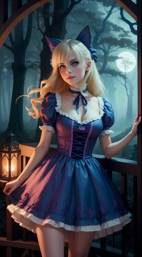 Alice in Wonderland, evil, night time, woods, mist, hiquality, blonde woman, a perfect face, Cheshire Cat, blue dress