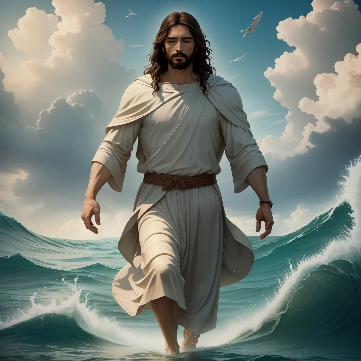 Jesus walking on water with a heaven cloud in the background, Jesus walking on water, biblical illustration, epic biblical representation, forcing him to flee, coming out of the ocean, ! holding in hand!, blessing to help people, disembarking, god of the ocean, beautiful representation, 8k sunny blessings light, realistic,