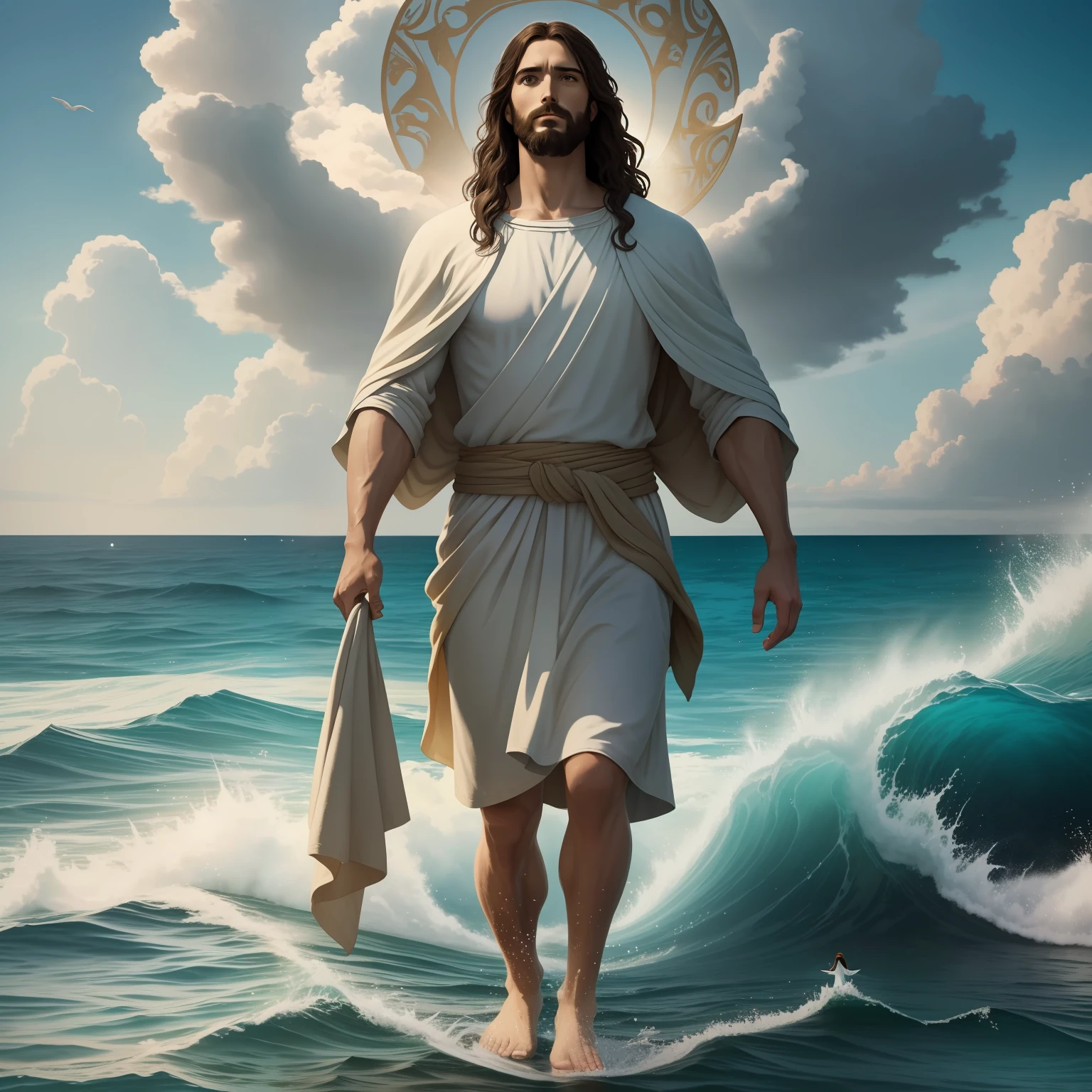 Jesus walking on water with a heaven cloud in the background, Jesus walking on water, biblical illustration, epic biblical representation, forcing him to flee, coming out of the ocean, ! holding in hand!, blessing to help people, disembarking, god of the ocean, beautiful representation, 8k sunny blessings light, realistic,