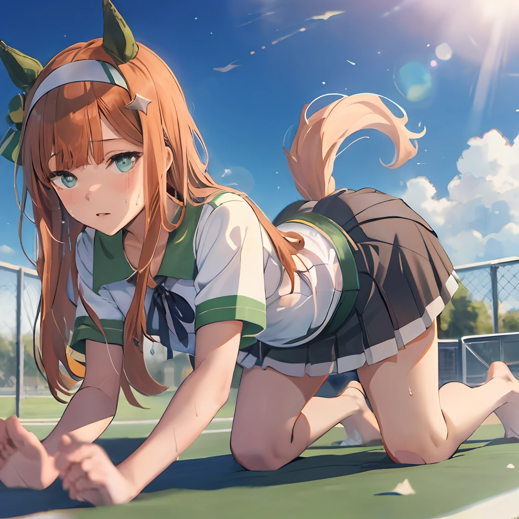 obra maestra, mejor calidad,  de cerca, tiro en la cara,
silencio suzuka \(umamusume\),absurda, Pelos,
BREAK
(color brillante: 1,3)
BREAK
(una chicas:1.3), Pelo castaño, ojos cian, uniforme de tenis, (orejas de caballo:1.5), Pasador, pendientes, adornos, nm1, Cinta para el cabello, cabello largo, cosplay de tenis, calidad superior, (falda súper corta plisada:1.4), (muslos:1.3), pequeño cofre, (Rostro preocupado, confusión:1.3), (degeneración de la vergüenza:1.3), boca abierta, (pecho:1.3), ojos redondos, (Duet in el viento:0.5), sudor alrededor de la niña, Mucho sudor, sudor goteando, (((Bragas muy bonitas))) (bragas fuertes:1.4),  (A cuatro patas, :1.3), stands on A cuatro patas, (pies descalzos:1.3), mirando hacia abajo, mirando a un espectador, pierna perfecta,, (culo grande:1.3), (cola de caballo:1.3), desde debajo del techo, aliento, perspectiva del trasero, (piel brillante:1.1), chubasco (el viento:1.2), Una sensación de velocidad, una brisa refrescante, efecto de desenfoque de movimiento, Fondo de protección contra el viento (Pista de tenis: 1.3), (párate en el centro de la pantalla: 1.3), cielo azul con nubes, Al aire libre, (Magnífica vista panorámica: 1.2), viento DESCANSO luz del sol, magnífica vista, arcoiris en el cielo, partículas de luz, inglés dinámico, ángulo neerlandés, perspectiva DESCANSO
(DÍA HORA, luz del rayo de sol:1.2), Profundidad de campo, bokeh, filtraciones de luz, (aberración cromática:1.2), mediodía DESCANSO