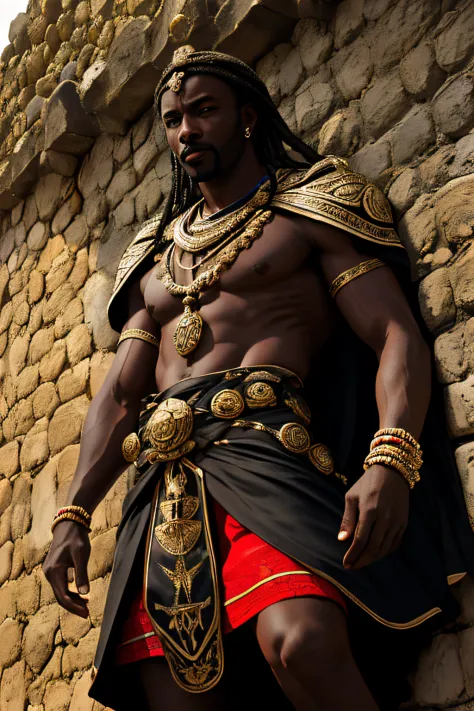 fotografia, 1man, homem negro no castelo da africa, pele, cabo vermelho, campo de batalha, edge lighting, ornamentado, detalhe, ...