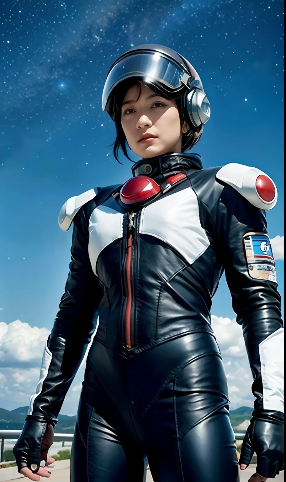 ультрадетализированный, высокое разрешение, высшее качество, шедевр, ((Кожаный костюм киборга)､(шлем пилота)、космос､планеты