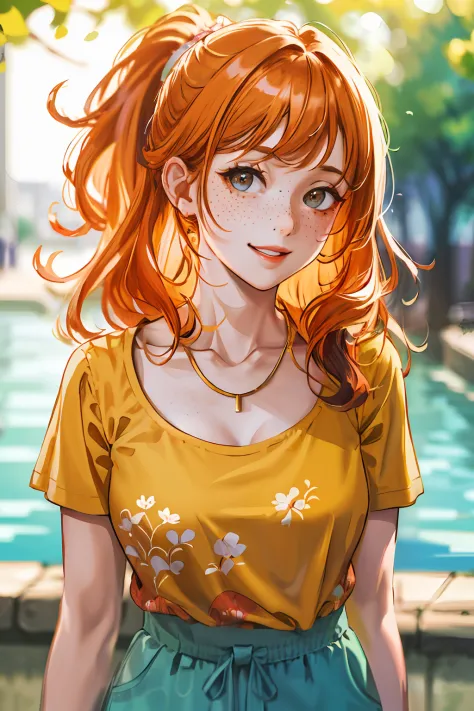 (highres, best quality:1.2), radiance, soft contours, beautiful drawing, (masterpiece, best quality), 1girl, collarbone, wavy hair, looking at viewer, blurry foreground, upper body, necklace, contemporary, plain pants, ((intricate, print, pattern)), ponyta...