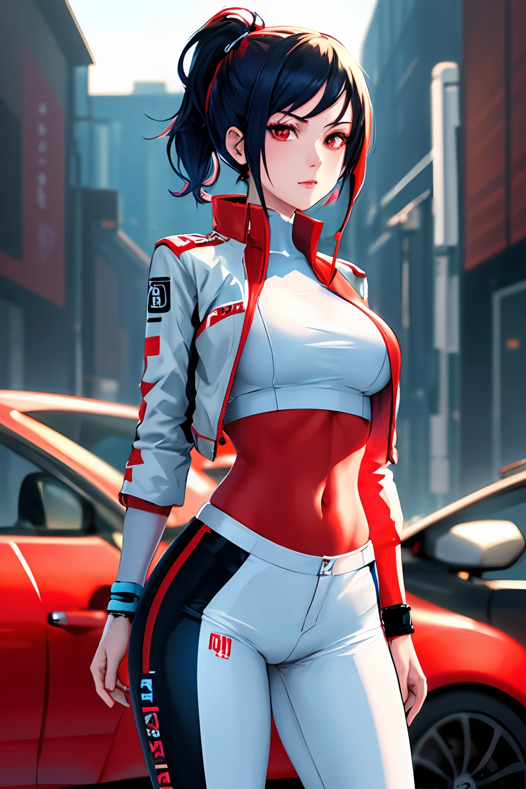 high quality, subsurface scattering, chromatic lighting,
colorized, red + white limited color palette, 
detailed concept drawing,
Japan grand prix race girl, cyberpunk, futuristic,
portrait, 20yo 1girl, medium soft breasts, slender, crop top, jacket, combat-pants, oiled skin, long black hair, side pony,red an blue colors, artistic