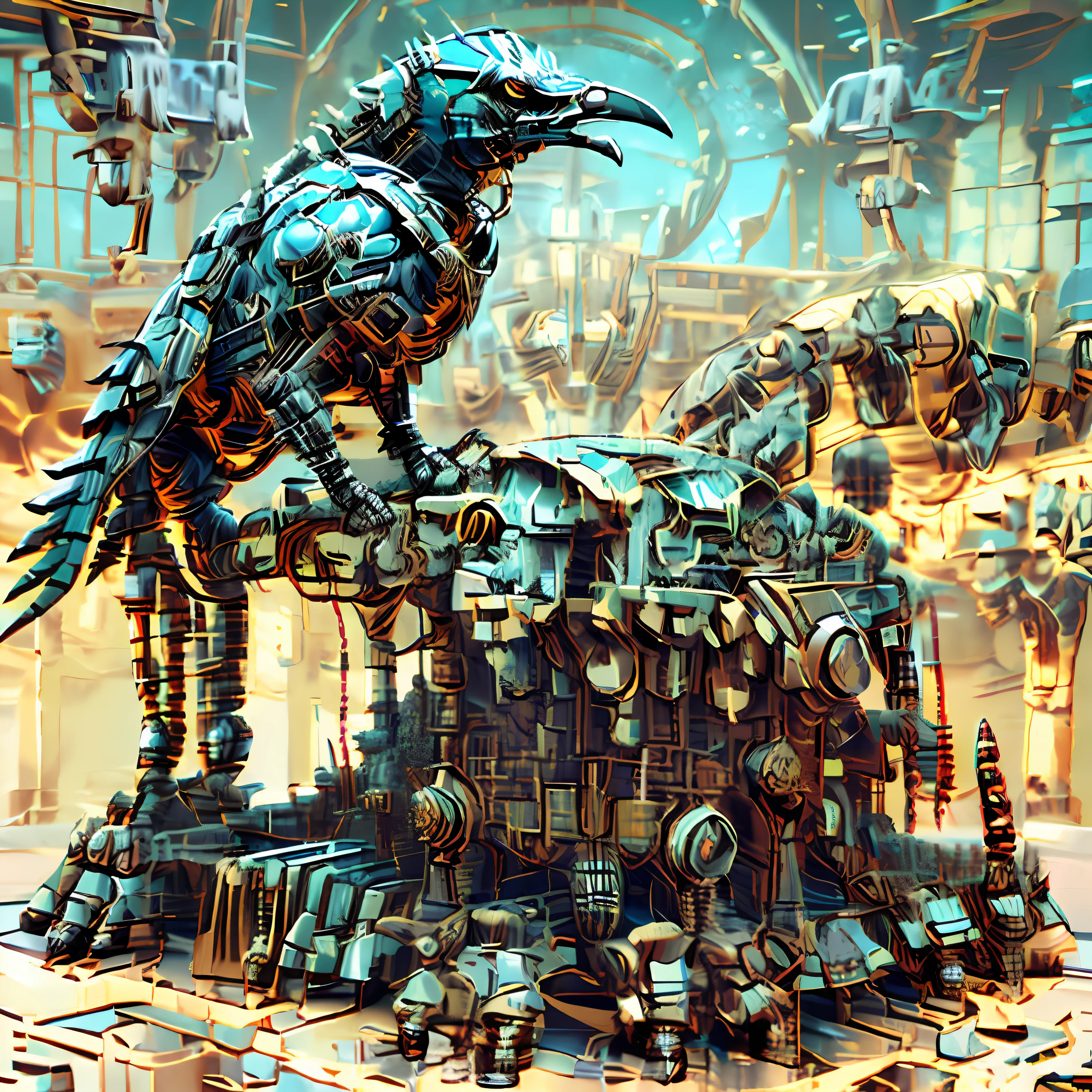 There is a bird sitting on a pile of metal objects, ancient biomechanical temple, mechanical bird, futurismo intrincado, detailed steampunk illustration, Corvo em Cyber Armour, Peter Gric e Dan Mumford, Arte digital altamente detalhada em 4k, arte digital altamente detalhada, Greg Beeple, detailed cyberpunk illustration, intrincada pintura digital, arte steampunk digital, arte digital elaborada