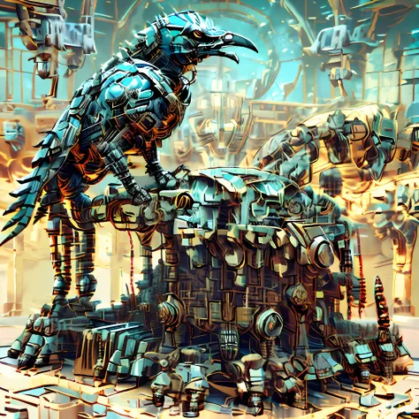 There is a bird sitting on a pile of metal objects, ancient biomechanical temple, mechanical bird, futurismo intrincado, detaile...