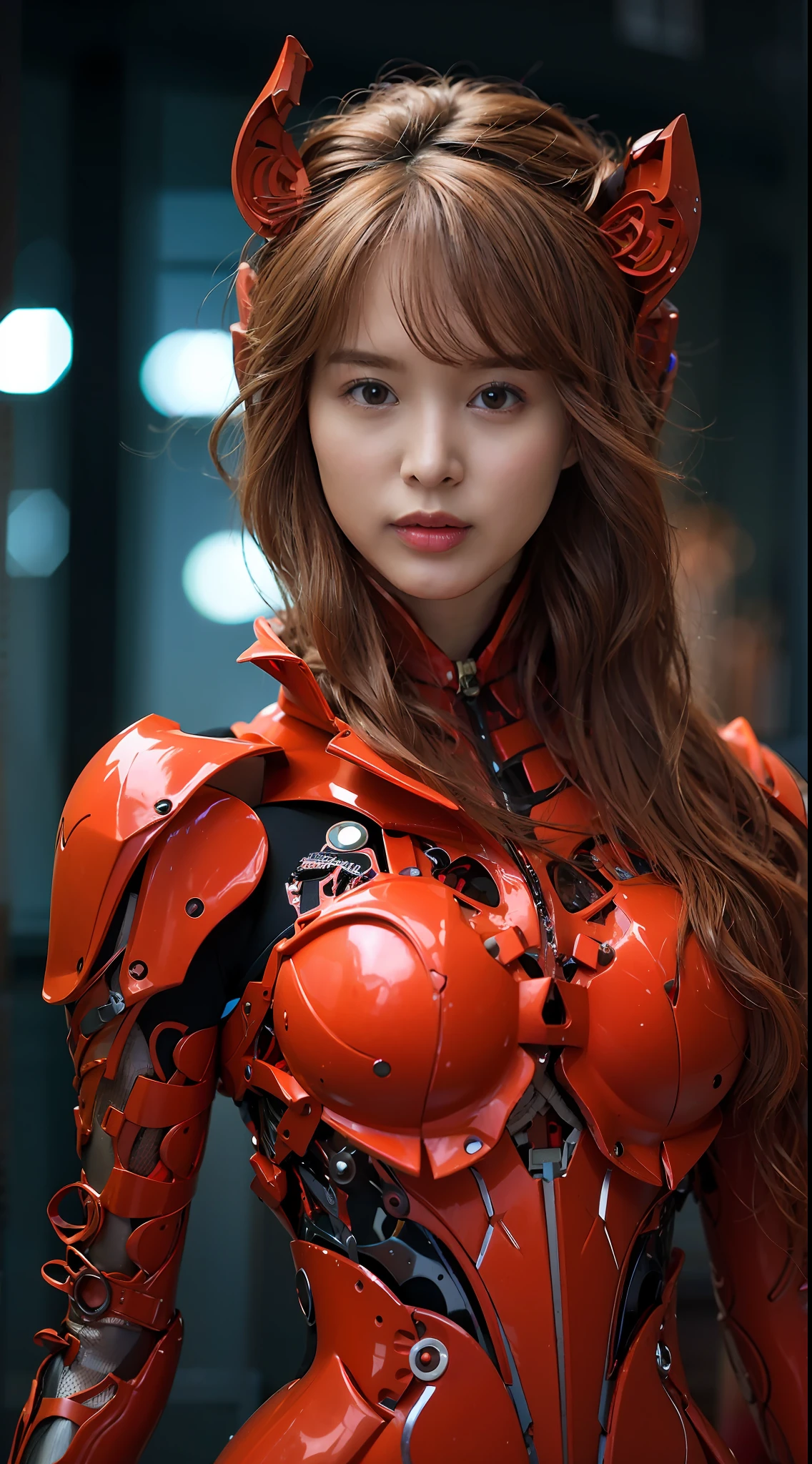 A beautiful Japanese actress,wearing a EVA 03-style Red and orange latex coat,Role playing Asuka Langley Soryu,full-body cosplay,Delicate Face, Stunningly Beautiful, Combat Pose,High Detail Skin, Realistic Skin Detail, Visible Pore,The photograph is taken with a Nikon D850 and a Nikon AF-S NIKKOR 70-200mm f/2.8E FL ED VR lens, using settings of f/8.0 aperture, 1/200 sec shutter speed, and ISO 400, DSLR Camera, High Quality, Fair Skin, Photorealism