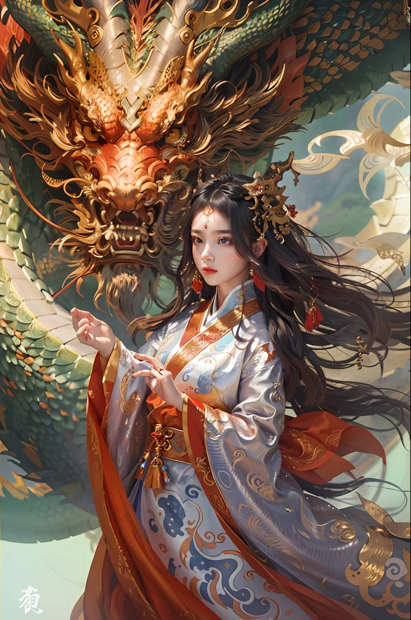 A woman in a kimono dress holding a dragon in front of her - SeaArt AI