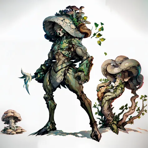 Full body shot, No background, white backgrounid, Mushrooms on the head, Green body color, Man's