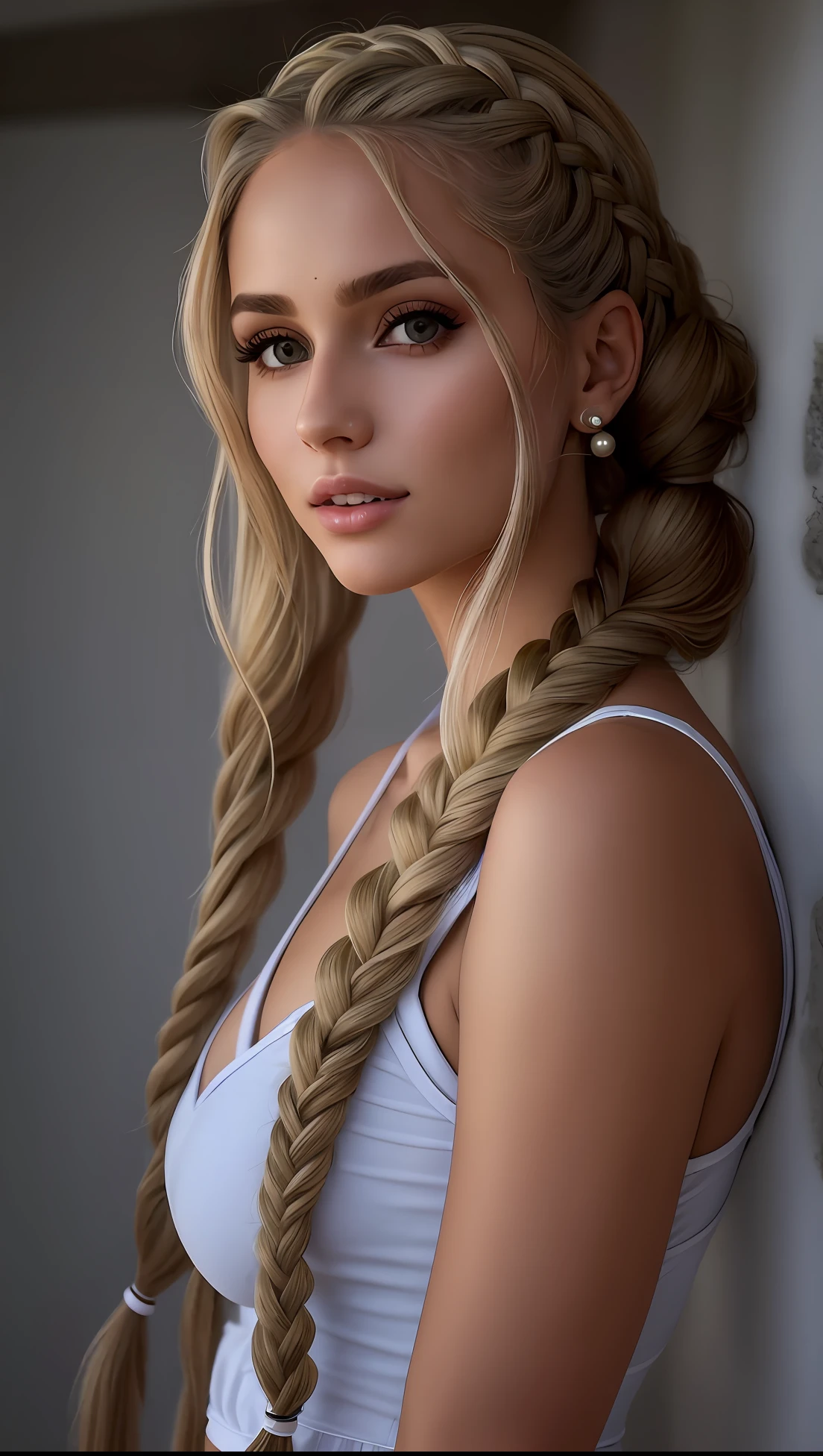 mulher argada com cabelos longos e um top branco posando para uma foto, blonde braids and Brown eyes, menina modelo bonita, modelo bonito da menina, lindo modelo jovem, penteado pigtails, menina jovem bonita, rabo de porco longo, modelo bonito, menina muito bonita, modelo muito bonito, menina loira bonita, Taran Dasha, girl with plaits, peitinhos grandes, seios grandes,