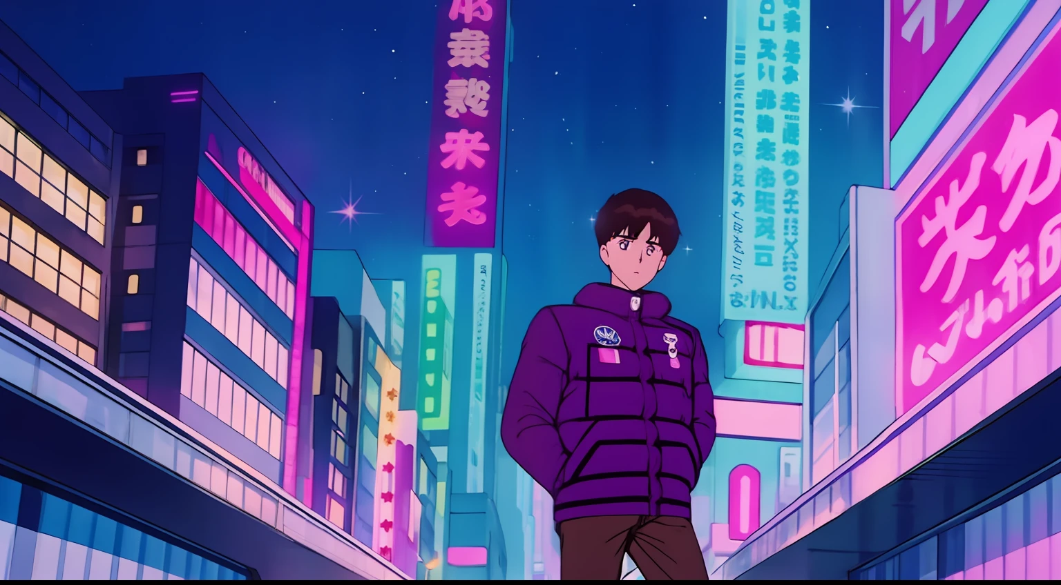 1boy，jaket，city neon light，starrysky