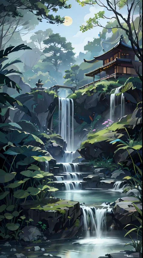 9:16 Full picture, ancient Chinese architecture, hazy moon, night, garden, bamboo, lake, stone bridge, rockery, arch, corner, rockery, tree, running water, landscape, outdoor, waterfall, grass, rock, water lily, hot spring , Water Vapor, (Illustration: 1.0...