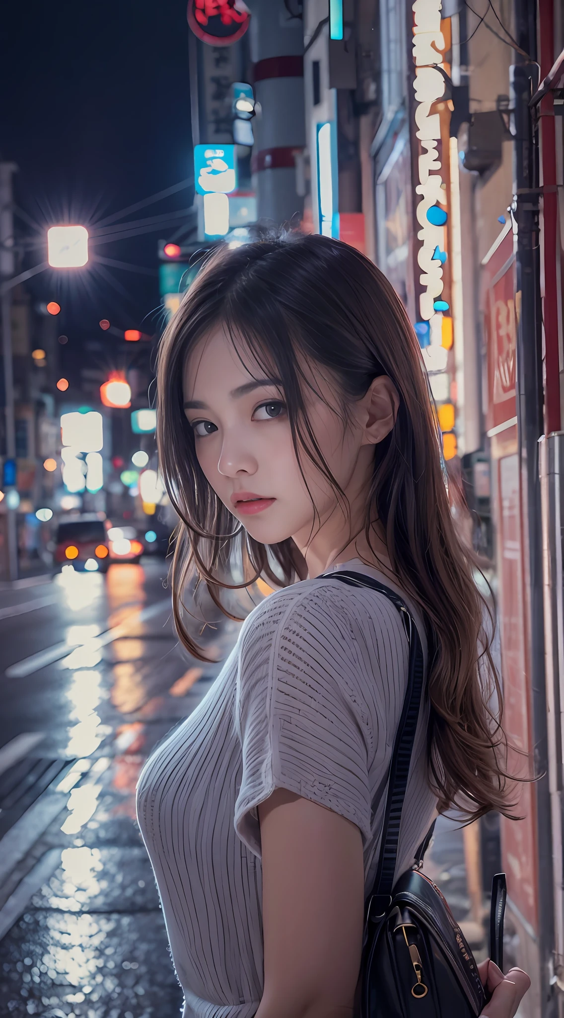 1 девушка, улица Токио,ночь, городской пейзаж,огни города, верхняя часть тела,крупный план, 8К, Необработанное фото, Лучшее качество, шедевр,реалистичный, photo-реалистичный,