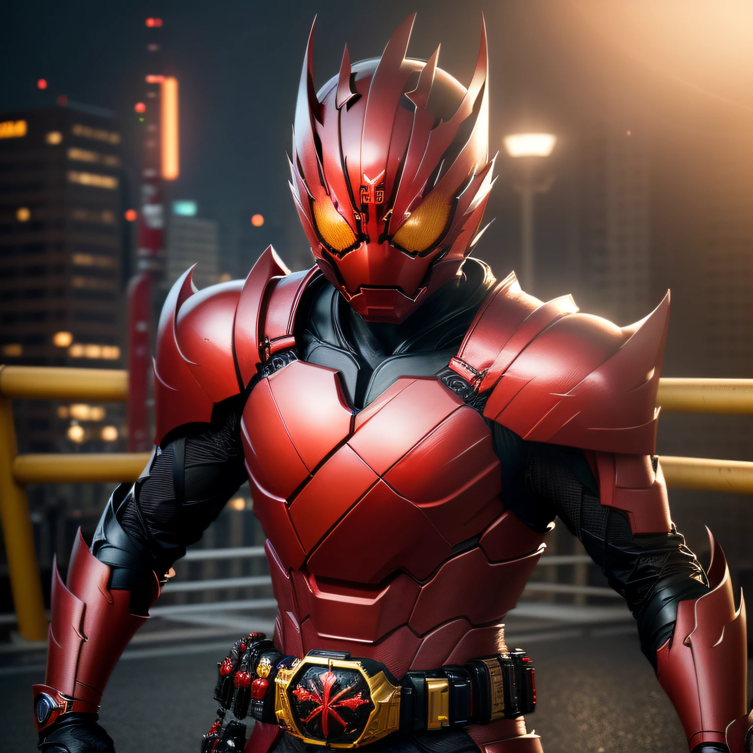 (8K、CRU、profissional、qualidade máxima)、(realista、Fotorrealístico:1.2)、(Face com maior detalhe:1.2)、Iluminação frontal、Uma sombra escura ameaçava a cidade。Kamen Rider Escarlate_Sol。Corpo metálico com branco prateado brilhando em vermelho profundo、Usando um cinto de transformação、Queimando com um Coração Justo, Ele segue os asseclas do mal々derrota。A batalha se acirra、O último inimigo aparece。Movimento especial(Crimson Smash)em、Kamen Rider ilumina a escuridão。