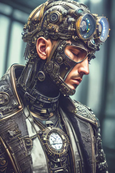 depressed attractive cybernetic man looking down, (steampunk cyborg:1.2), (intricate details), hdr, (intricate details, hyperdet...