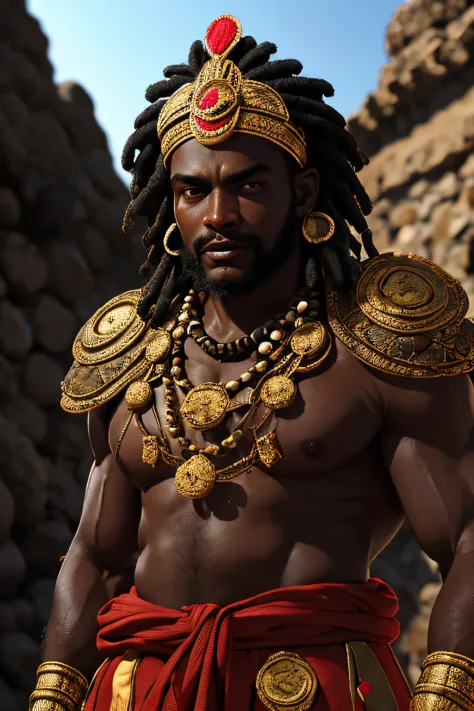 fotografia, 1man, homem negro africano, olhos de fogo, pele, cabo vermelho, machado, fogo, campo de batalha, edge lighting, orna...