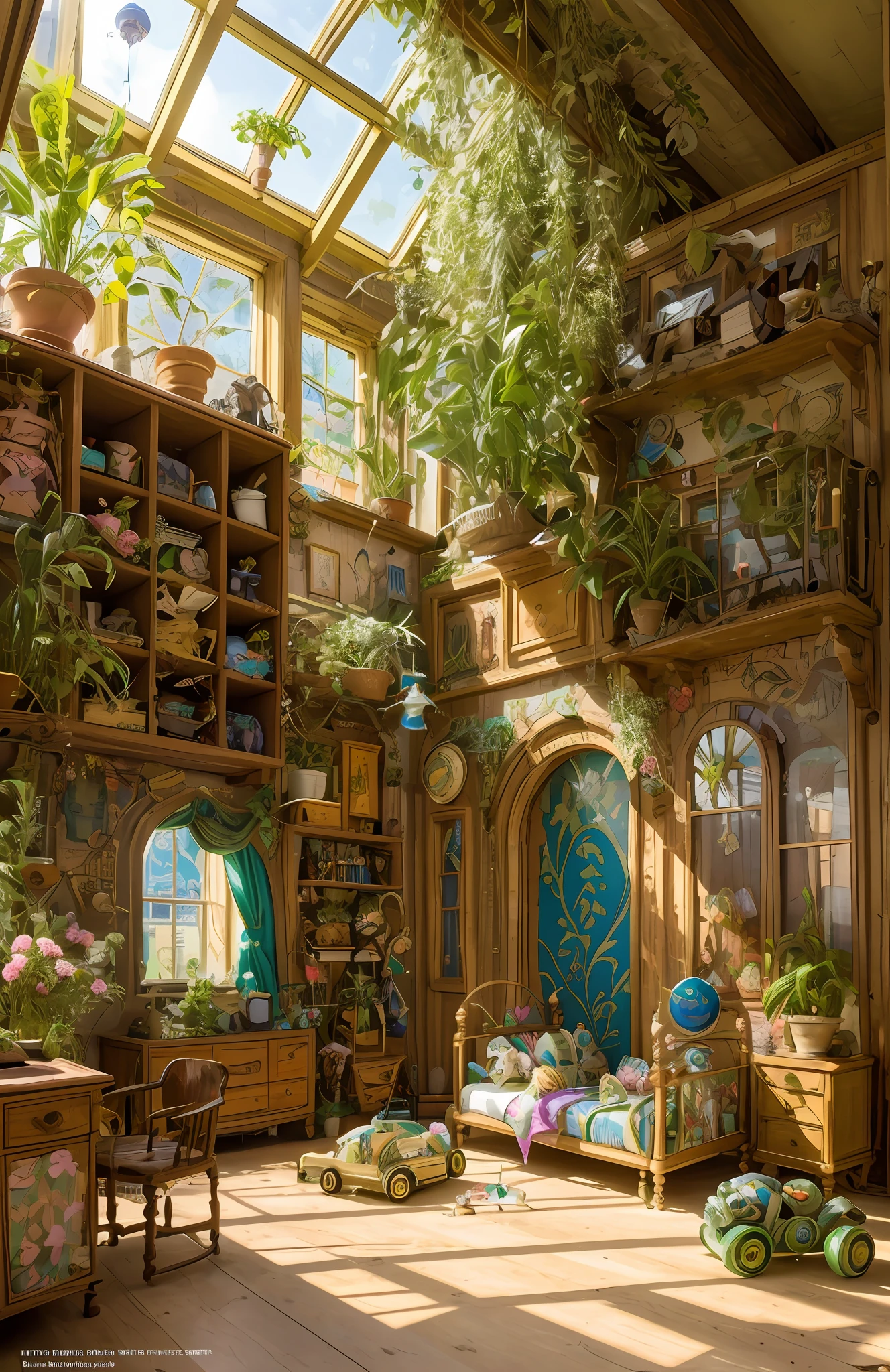 Foto de Architectural Digest de un {onda de vapor/steampunk/solarpunk} ((Habitación infantil)) verde, con muchos juguetes para niños, con muñecas, con una cama grande, con flores y plantas, luz dorada, surrealismo hiperrealista, obra maestra premiada con detalles increíbles, Impresionantemente épica