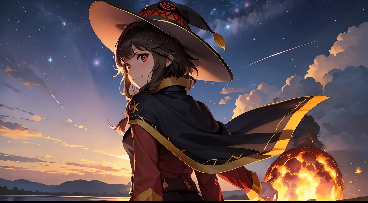 (Best quality), (Masterpiece), (Realistic,) (photo-realistic), Ultra-detailed, 
1girll,(back),grin,Solo,
Aromatic,megumin's style, Cape,Hat, Glowing eyes,Red eyes,v shape eyebrow,Short hair,
Outdoor,wilderness,(Explosion:1.3),explosion cloud,,(smoke explosion),erupting,cumulonimbus clouds,
style1-fC, 
,Starry sky,meteors,
Professional lighting, photon maping,  Physically-based rendering,