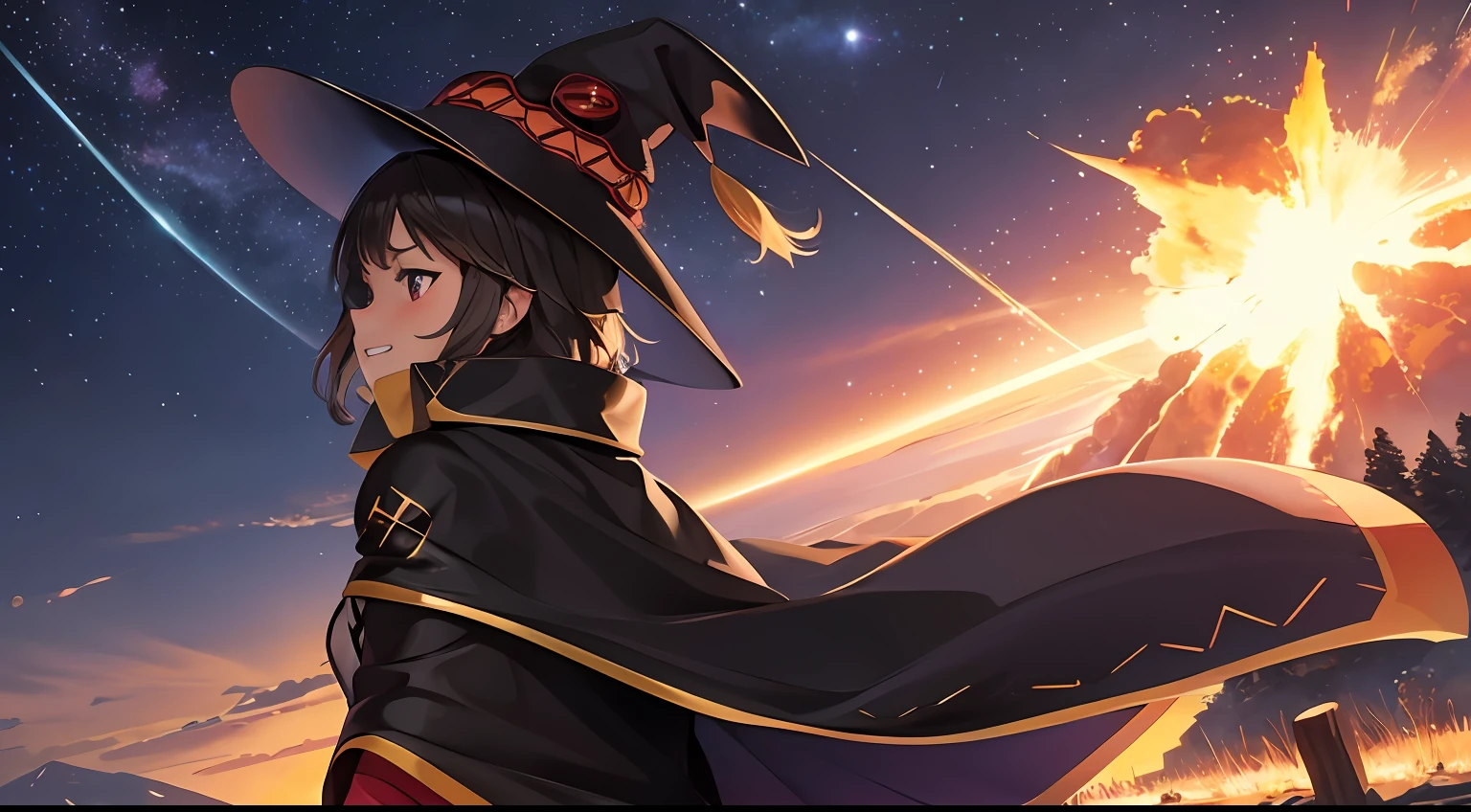 (Best quality), (Masterpiece), (Realistic,) (photo-realistic), Ultra-detailed, 
1girll,(back),grin,Solo,
Aromatic,megumin's style, Cape,Hat, Glowing eyes,Red eyes,v shape eyebrow,Short hair,
Outdoor,wilderness,(Explosion:1.3),explosion cloud,,(smoke explosion),erupting,cumulonimbus clouds,
style1-fC, 
,Starry sky,meteors,
Professional lighting, photon maping,  Physically-based rendering,