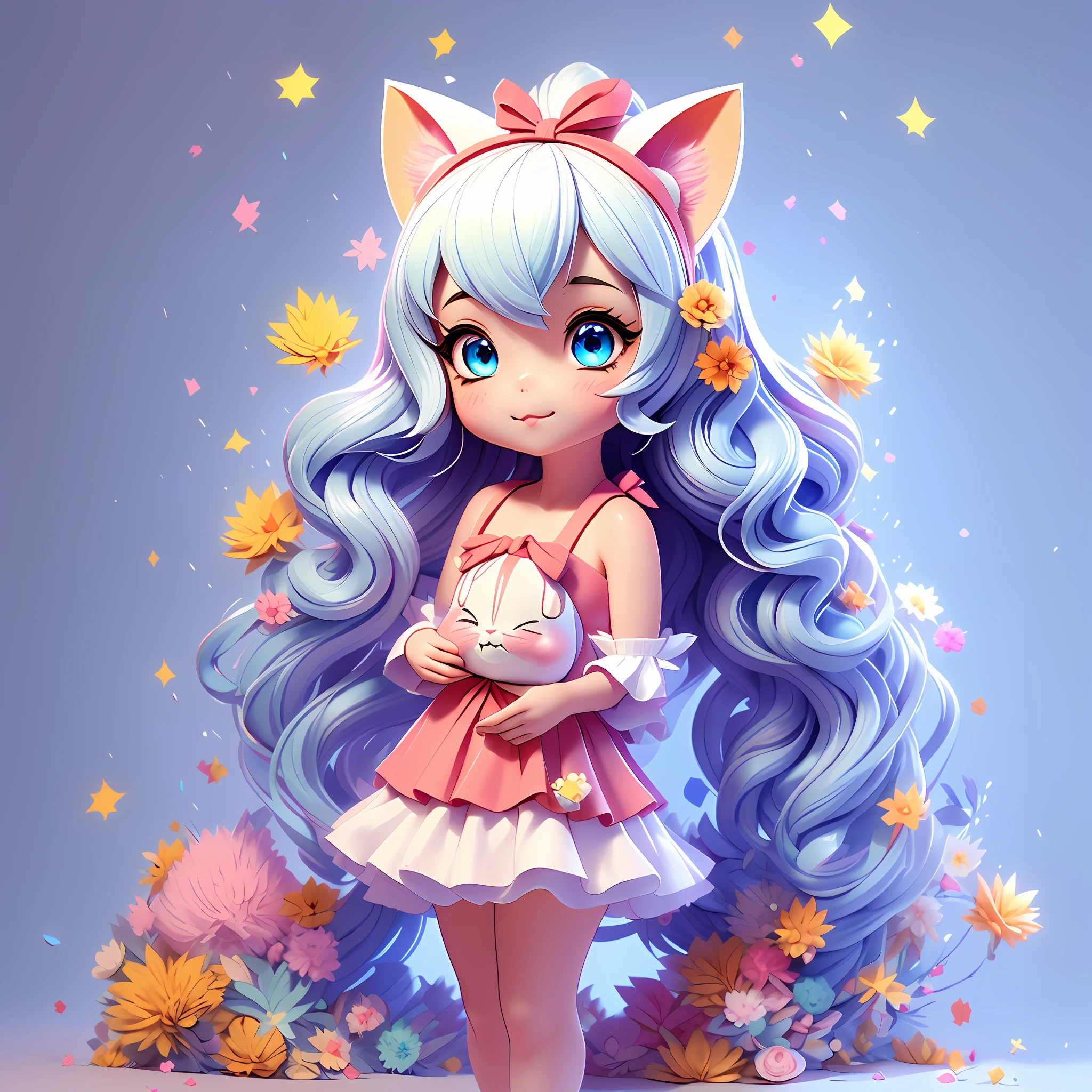 1girl, animal ears, tail, chibi, white hair, cat ears, solo, cat tail, long hair, hair ornament, cat girl, virtual youtuber, dress, blue eyes, ahoge, bow, white background, animal ear fluff, hairclip, holding