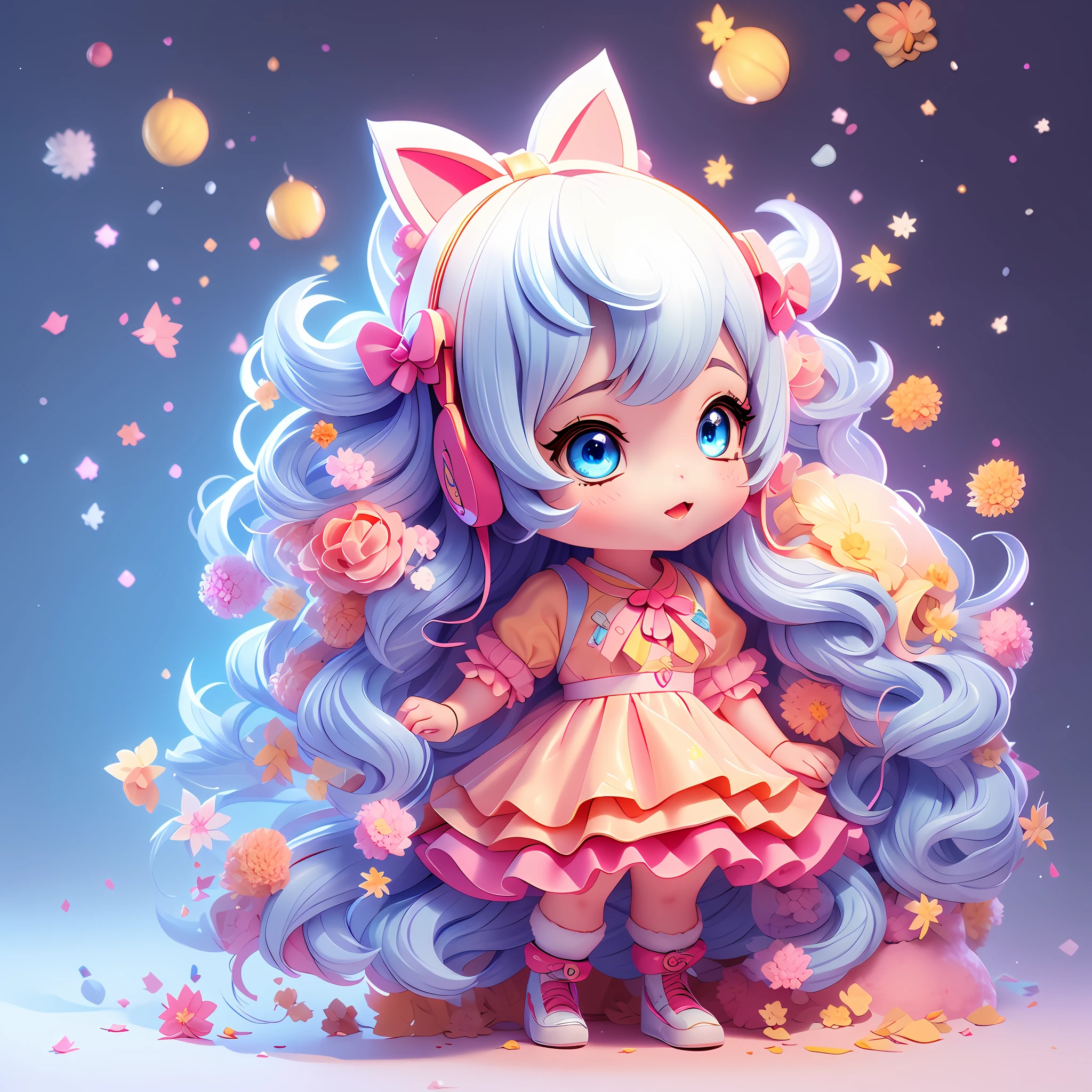 1girl, animal ears, tail, chibi, white hair, cat ears, solo, cat tail, long hair, hair ornament, cat girl, virtual youtuber, dress, blue eyes, ahoge, bow, white background, animal ear fluff, hairclip, holding