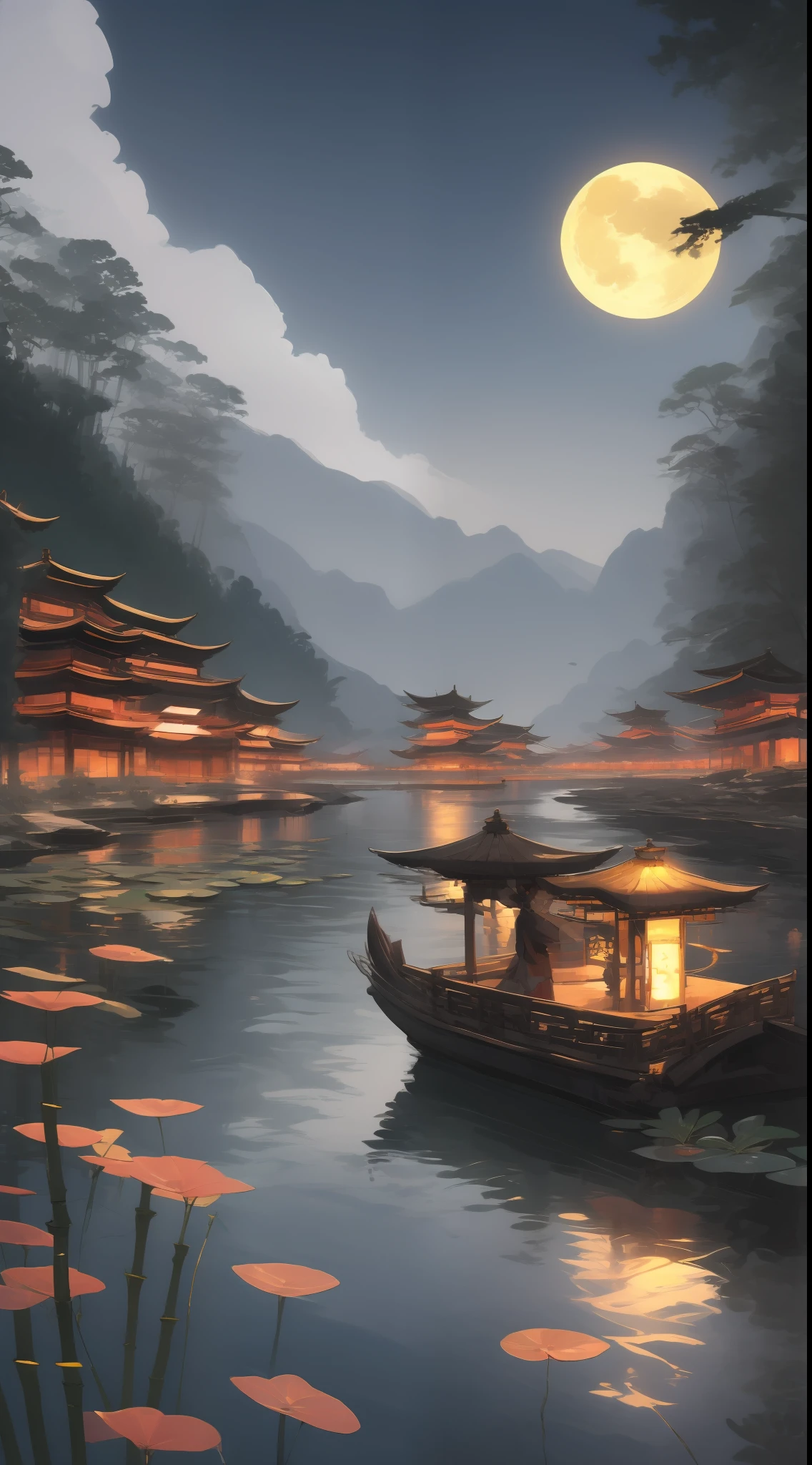 masterpiece, best quality, Chinese martial arts style, an Asian night scene with lanterns and water lilies, Asian lagoon with lanterns and boats night scene with many lights and boats on the water, lake surface, lotus flowers, beautiful night scene, ((Chinese martial arts style)))), with vast sky, continuous mountains and steep cliffs, inkwashing style,  contour light, atmospheric atmosphere, depth of field, rising mist, bamboo, pine trees, octagonal stone pavilion, waterfall running water, large full moon, (No color), Monochrome, light color,