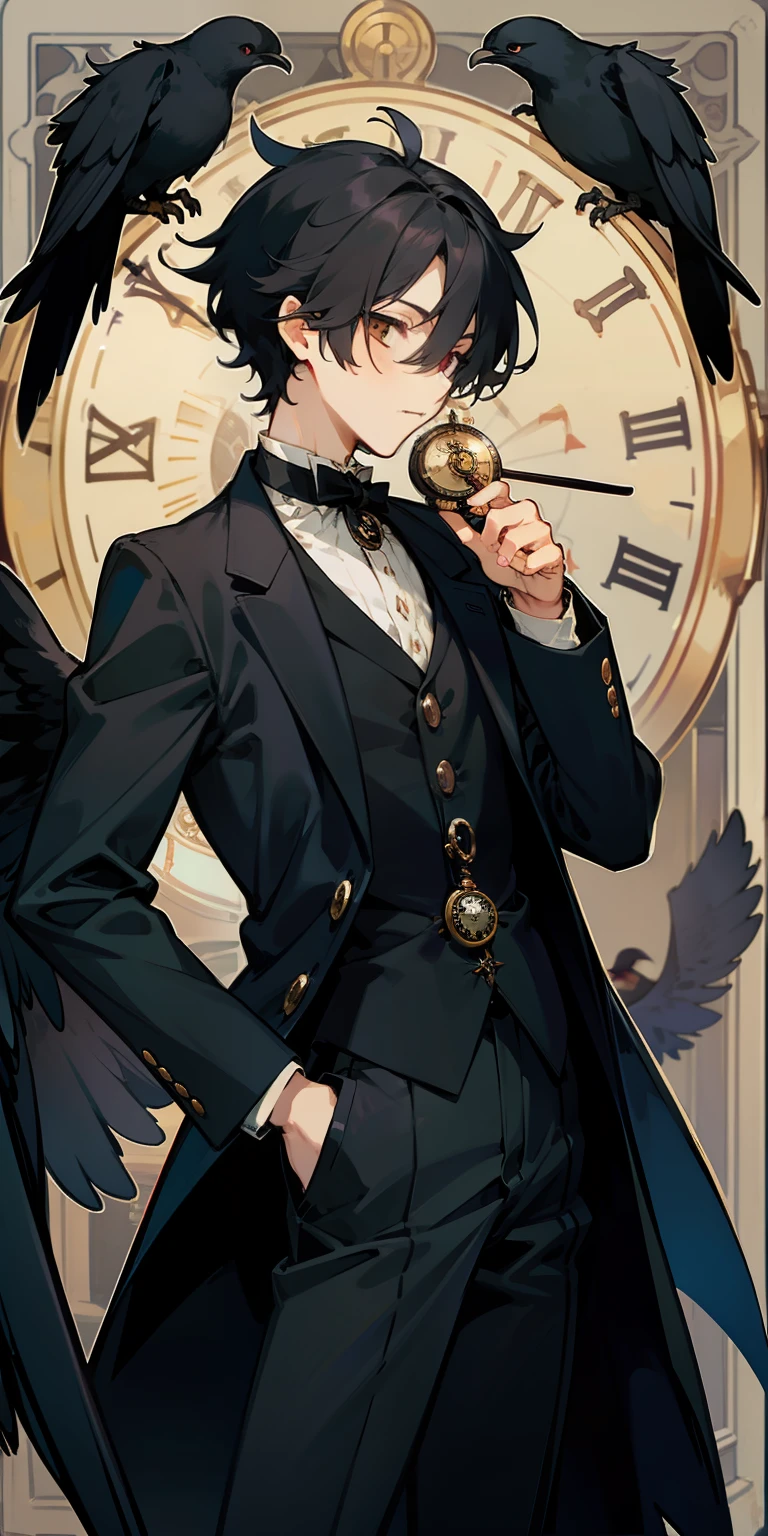 Black-haired boy，monocle，pocketwatch，Night，cawing ravens