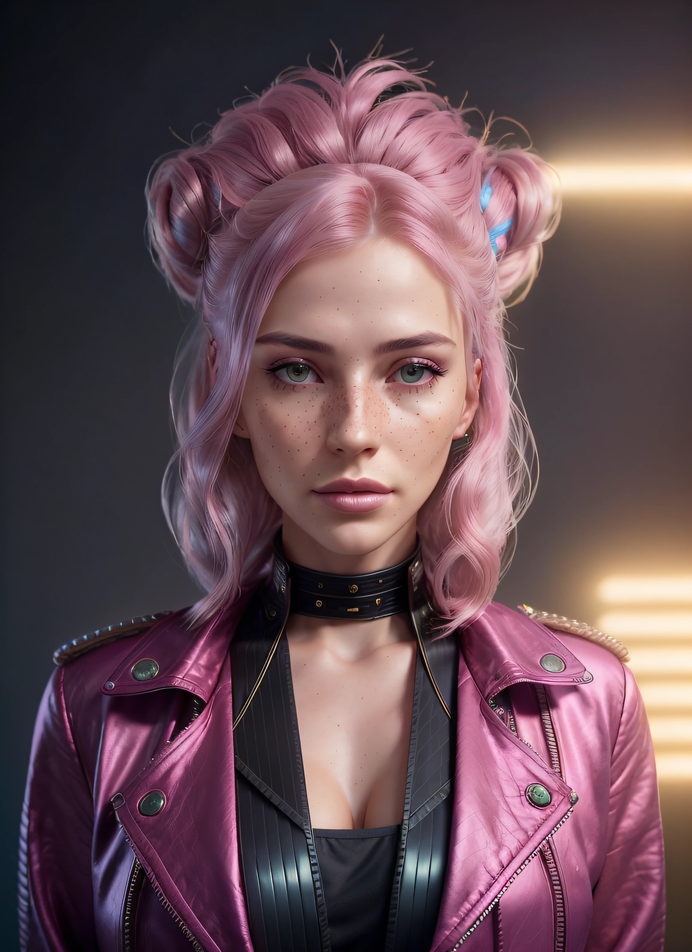 modelshoot style A stunning intricate full color portrait of mature woman with freckles,
epic character composition,
synthwave style swpunk jacket,
lightrays and lightgeo,
long [purple|pink|blue] hair,
by ilya kuvshinov, alessio albi, nina masic,
sharp focus, natural lighting, subsurface scattering, f2, 35mm, film grain