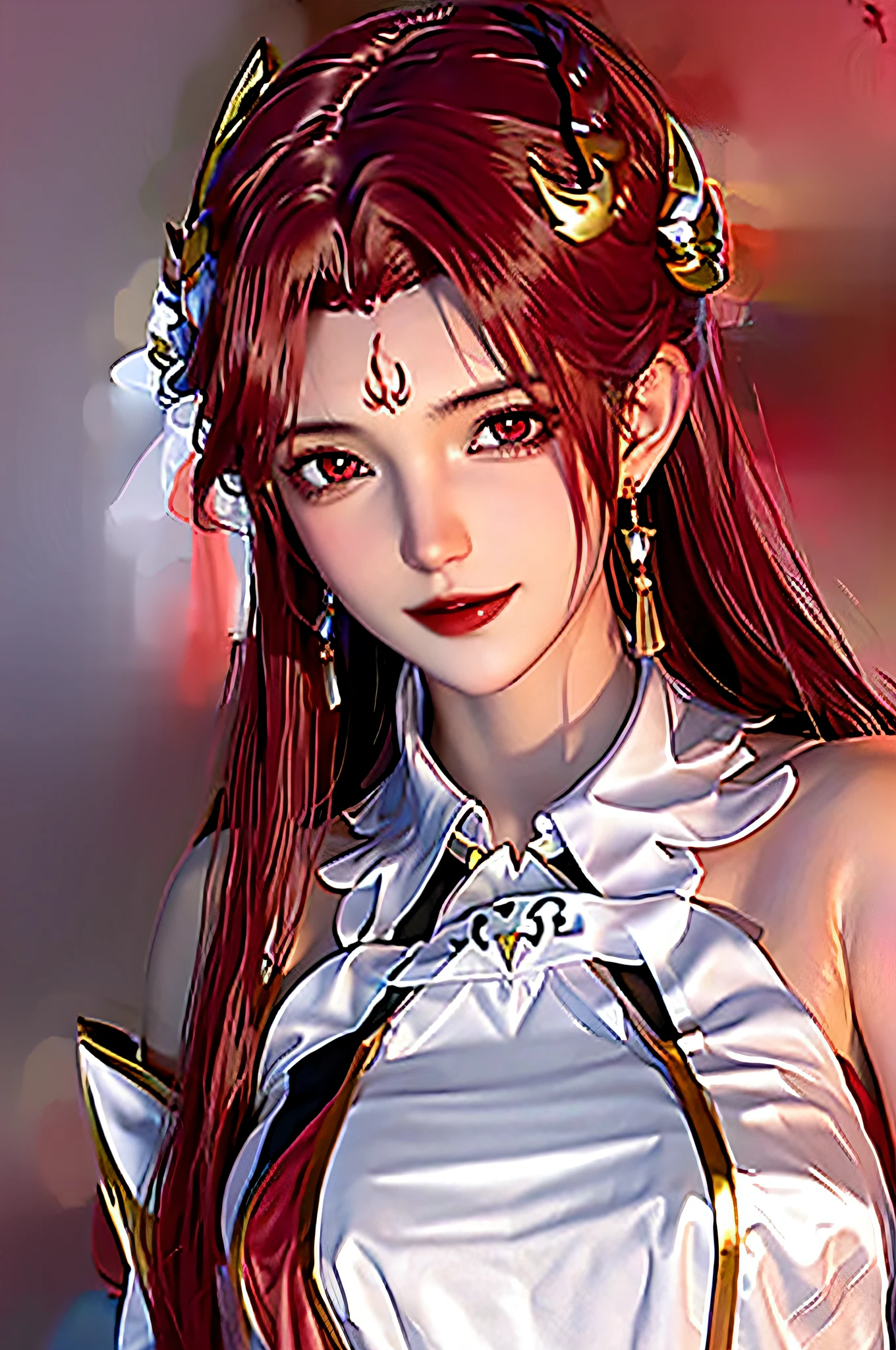 Girl, young and beautiful, tall and beautiful, fair face, perfect features, tall and beautiful, fair skin, good figure, heroic and valiant, heroic and valiant, wearing ancient Chinese armor, female general, Chinese landscape background, standing on the top of the mountain, 500 years ago, starry night, realistic, detailed, 8k, mix4,   red_dress,starry sky, fire, red hair, solo, hair ornament, long hair, red eyes, jewelry, earrings, dress, bare shoulders, red lips, upper body, white background, facial mark, crescent, lipstick, forehead mark, looking at viewer