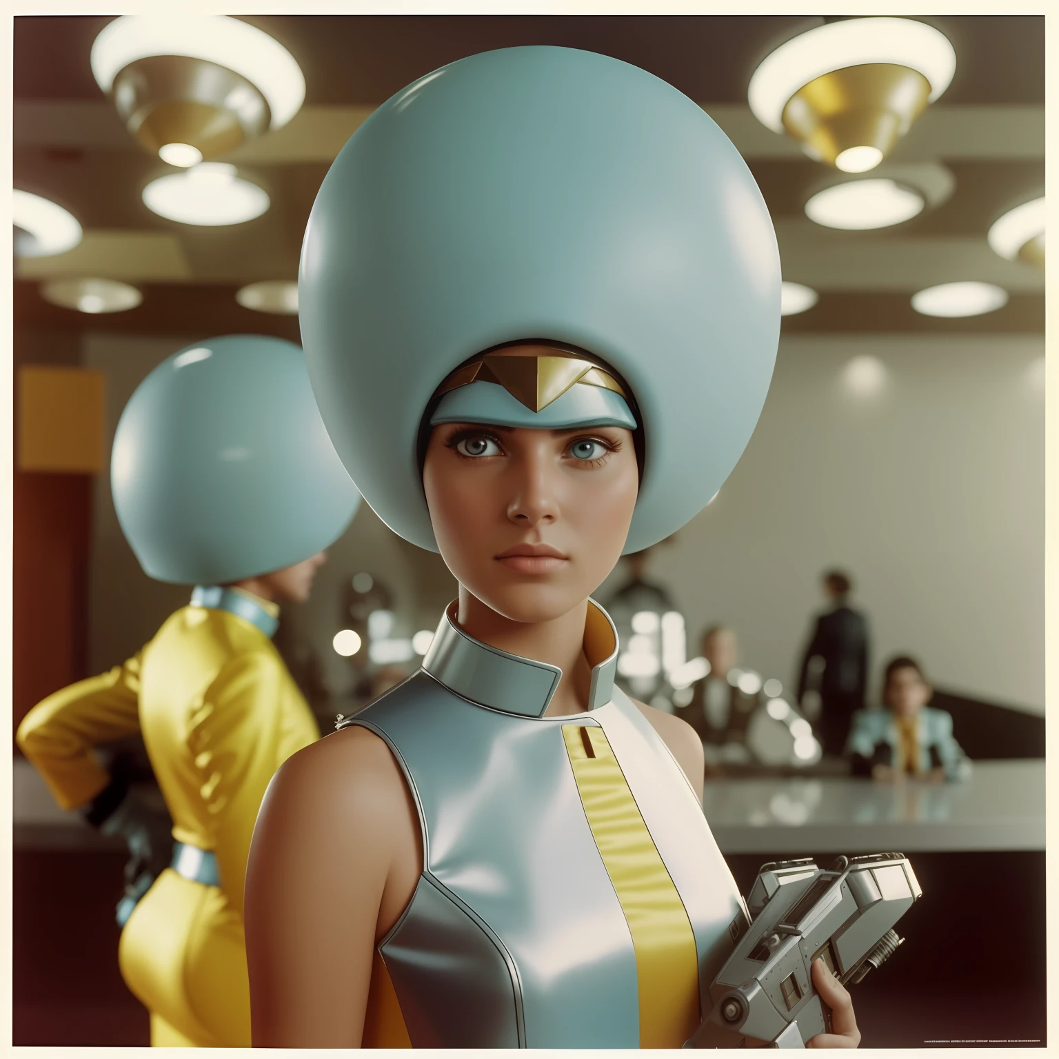 4k picture of a Science-Fiction der 1970er Jahre movie, echtes Bild, Wes Anderson-Stil, Pastellfarben, people wearing retro-futuristisch fashion clothes and futuristic technological ornaments and devices in the cafeteria, natürliches Licht, filmisch, Psychedelia, seltsam futuristisch, retro-futuristisch, fotorealistisch, Echte Augen, perfekte Hände, perfektes Haar, rich face details, Hyperdetailliert, hyperrealistisch, Echte Hautstruktur, echte Stofftexturen, Scharfe Hintergrunddetails, scharfes Rendering, Science-Fiction der 1970er Jahre,